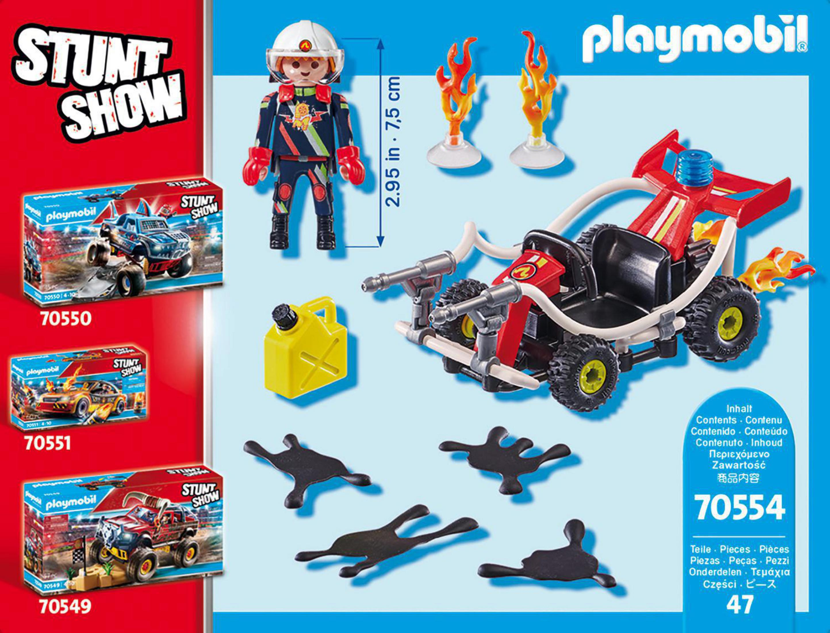 Ein Playmobil Stunt Show-Set mit einem Spielzeugauto, einer Figur, Flammen und anderen Spielelementen.