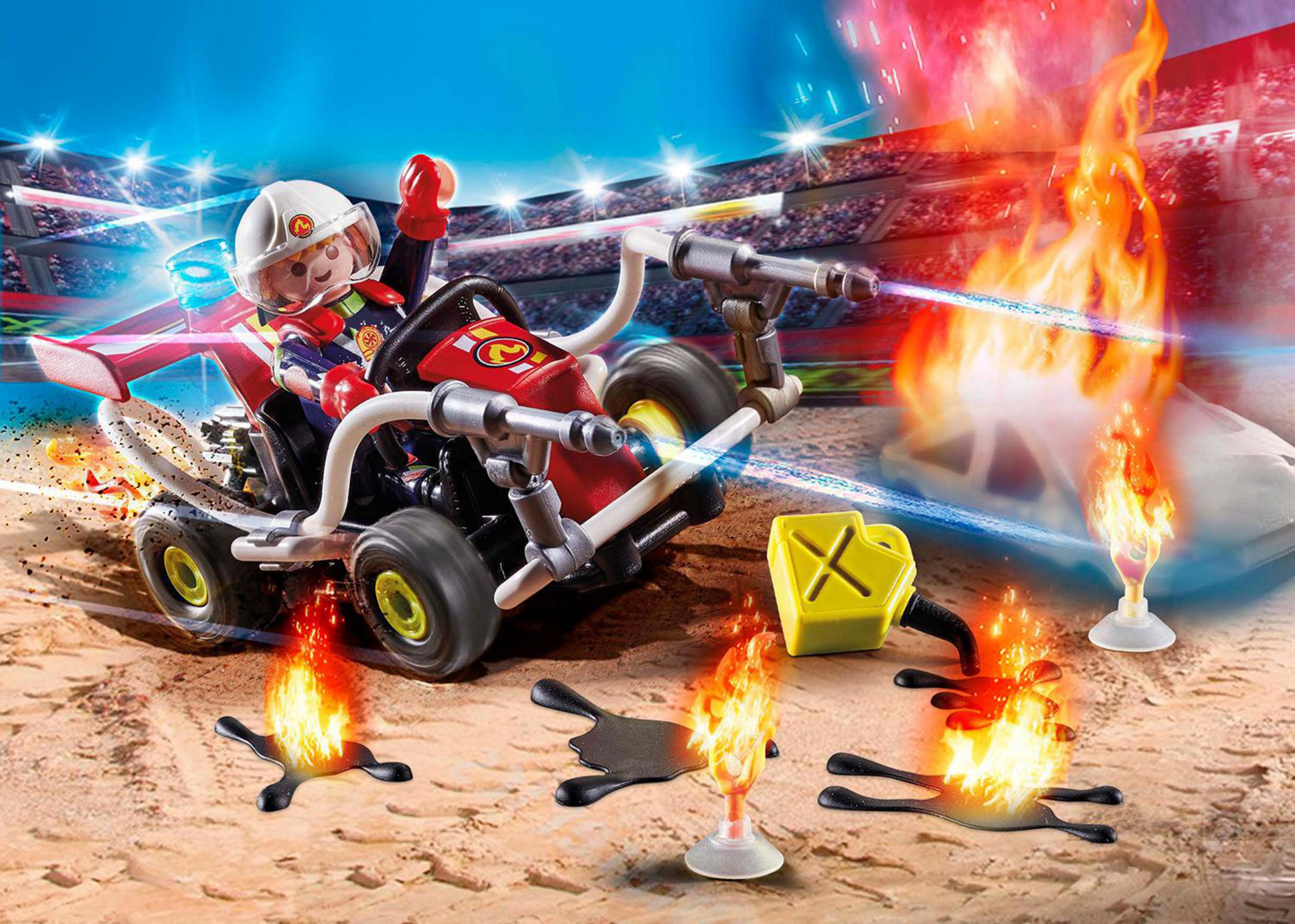 Playmobil-Rennwagen-Set mit Fahrer, Flammen und Stadionhintergrund.