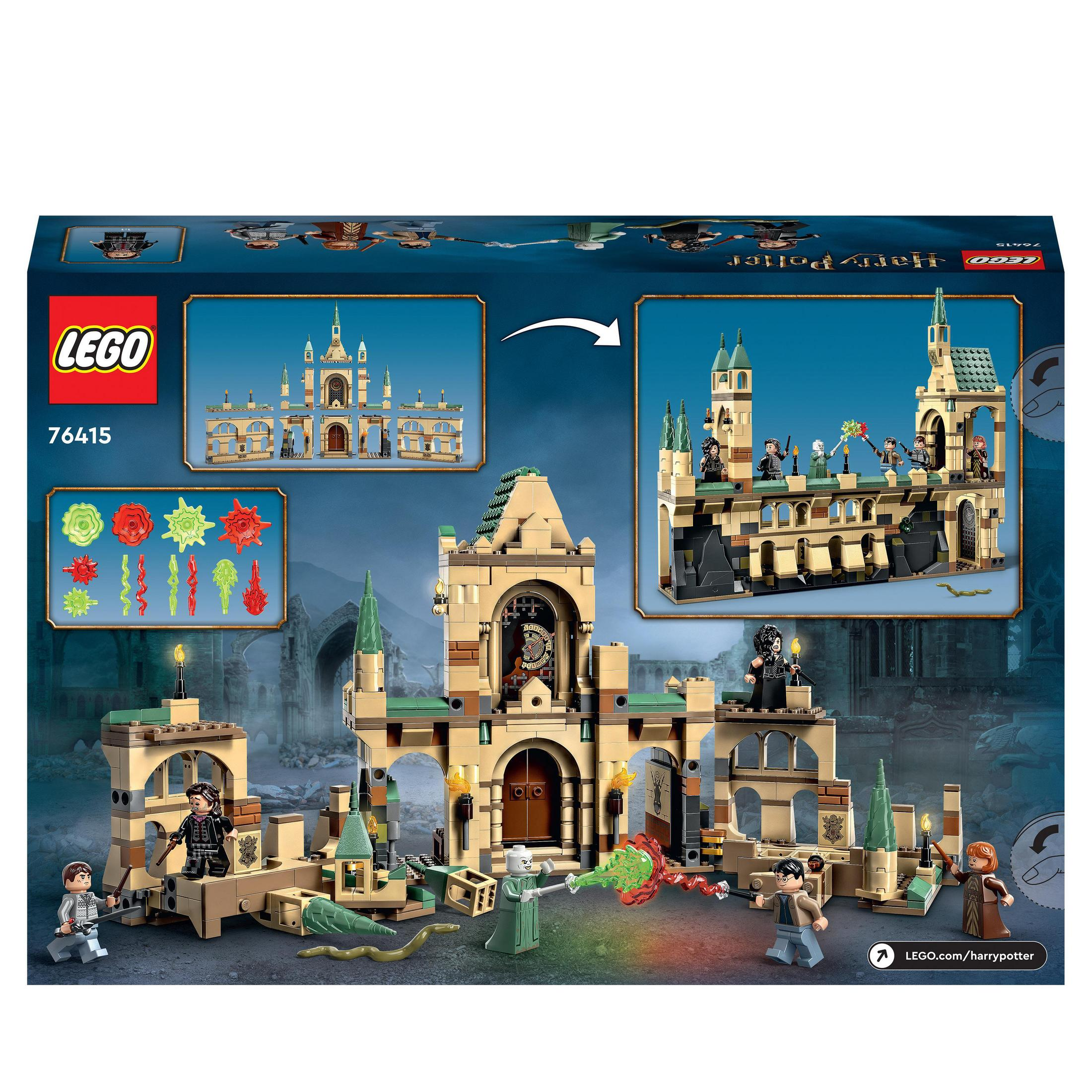 Lego-Box mit einer Schlossillustration. Figuren von Menschen und Schlosselementen werden gezeigt. Weißer Hintergrund.
