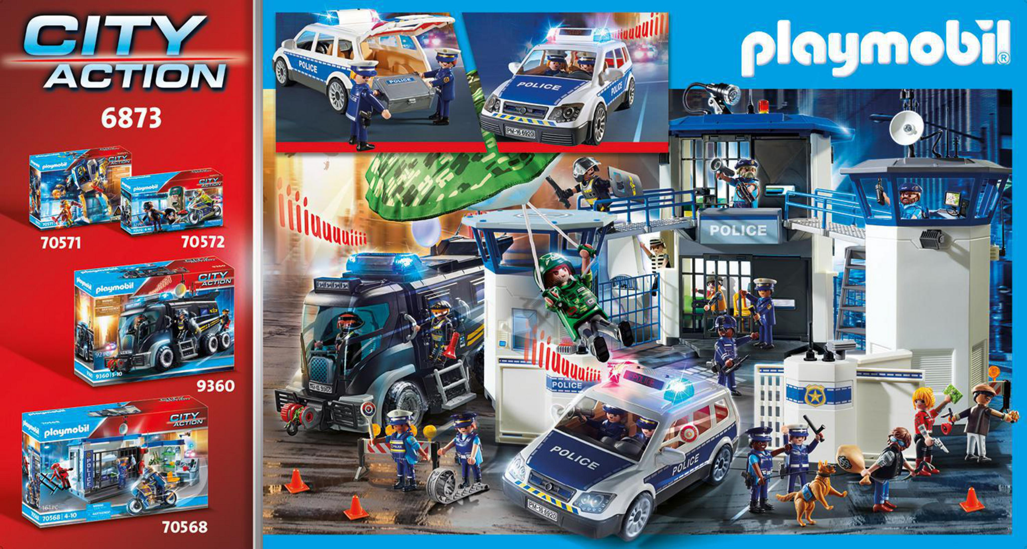 Un set Playmobil City Action. Stazione di polizia, veicoli e figure sono esposti nella scena.