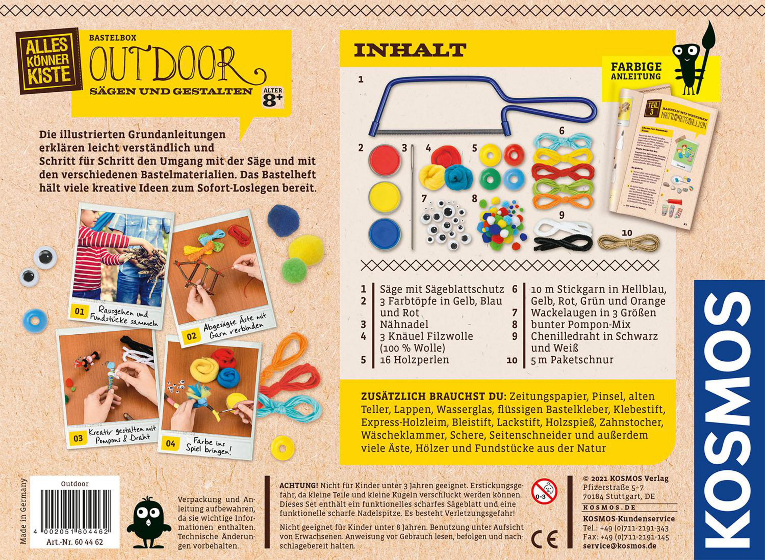 Kiste mit Bastelmaterial. Enthält Säge, Filz, Perlen und Anleitungen für Kinder.