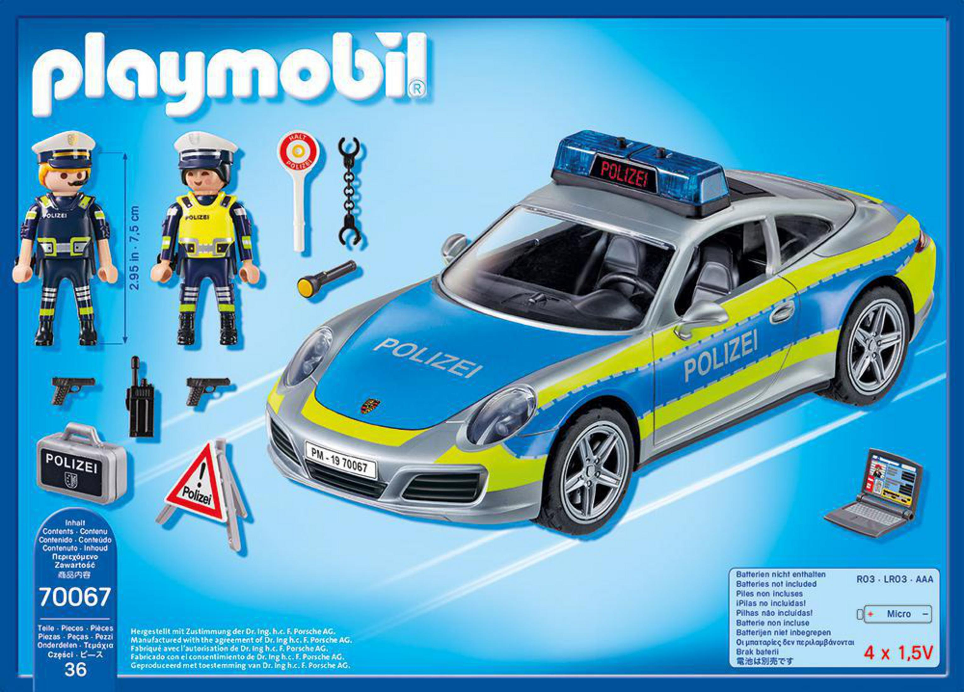 Playmobil Polizeiauto-Set mit Figuren, Zubehör und einem Polizeiauto-Karton.