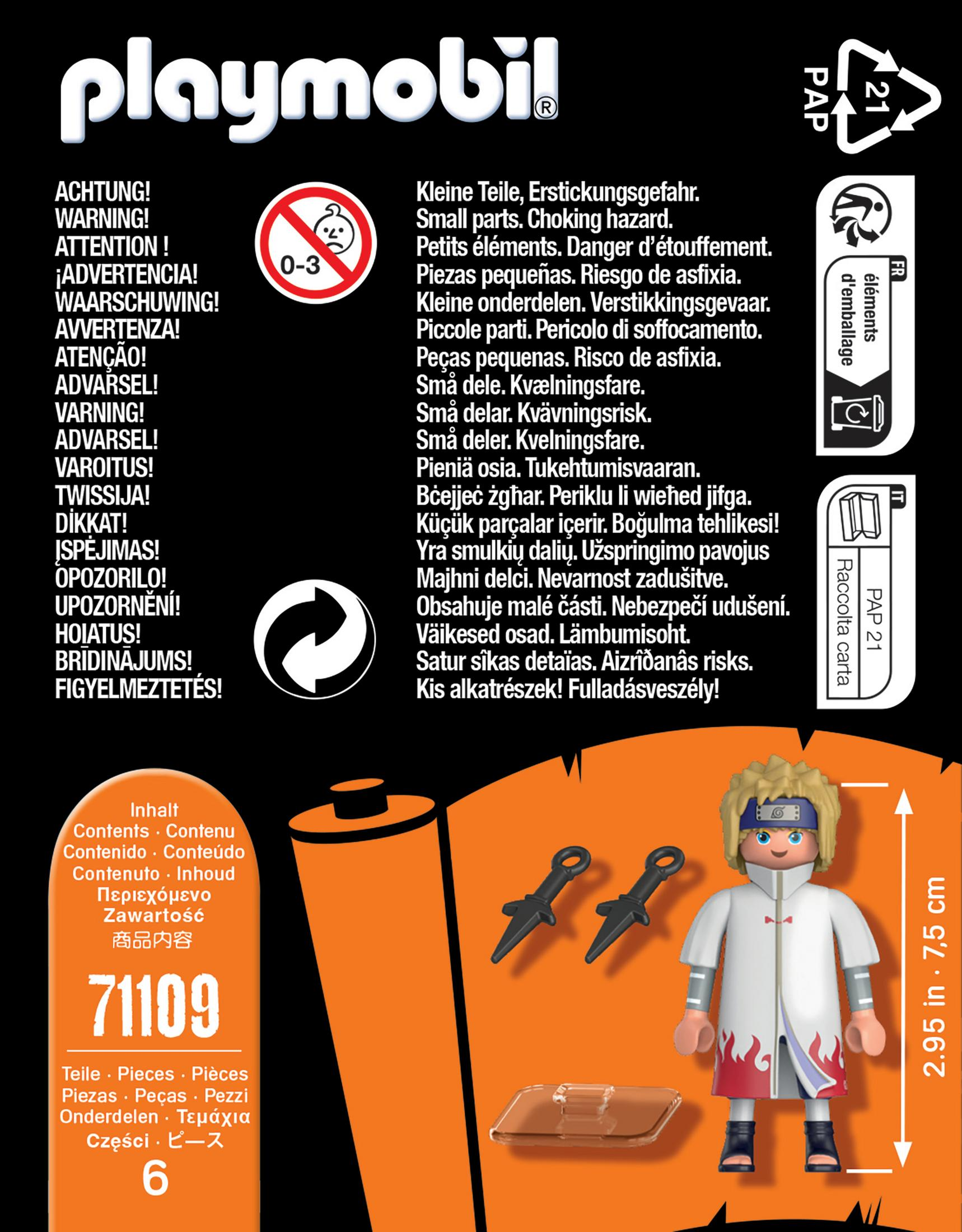 Playmobil-Box. Eine Figur mit gelben Haaren und zwei schwarzen Waffen. Warnschilder befinden sich auf der linken Seite.