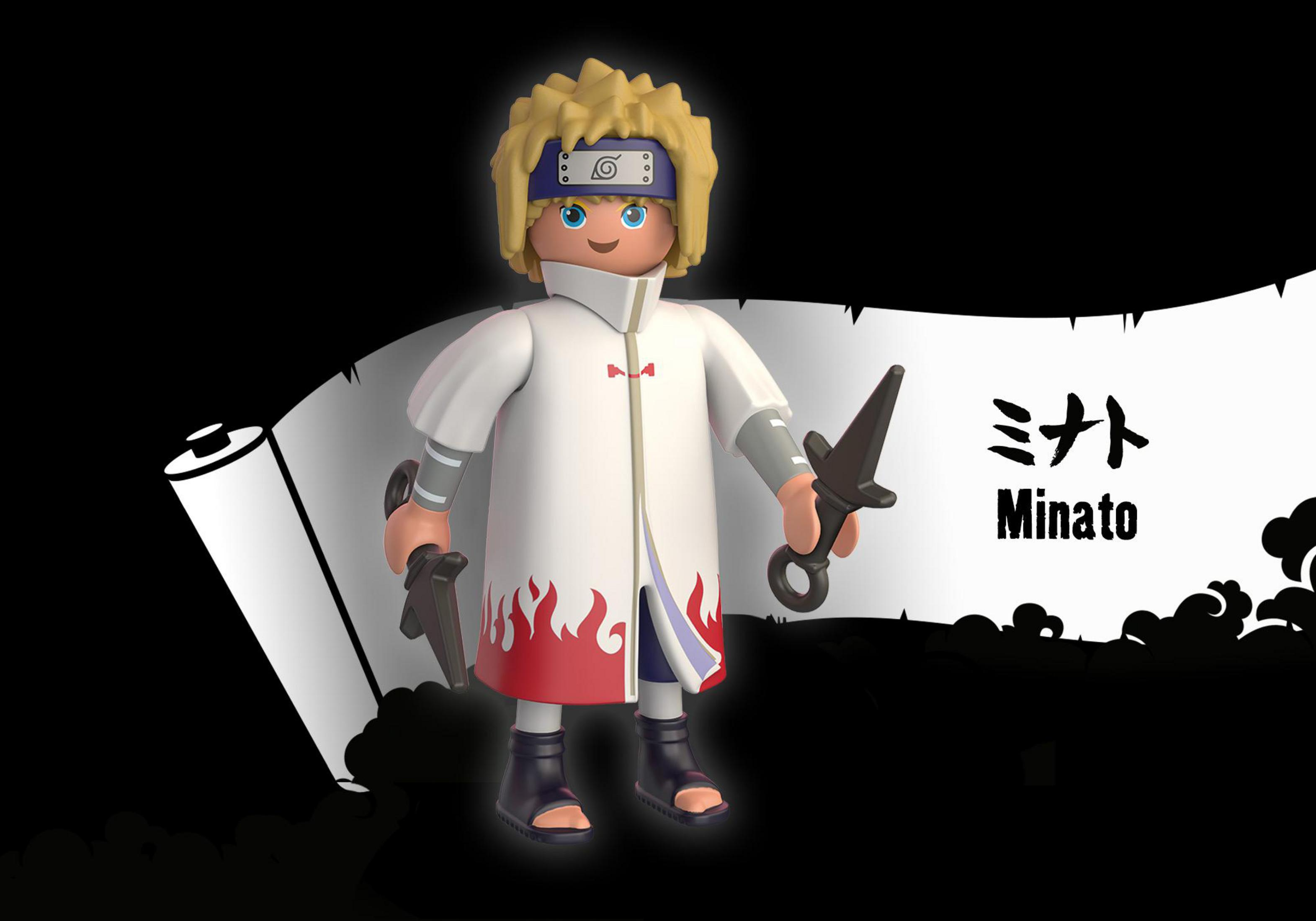 Playmobil Minato Figur mit Kunai und einer Schriftrolle. Er trägt einen weißen Mantel mit roten Flammen.