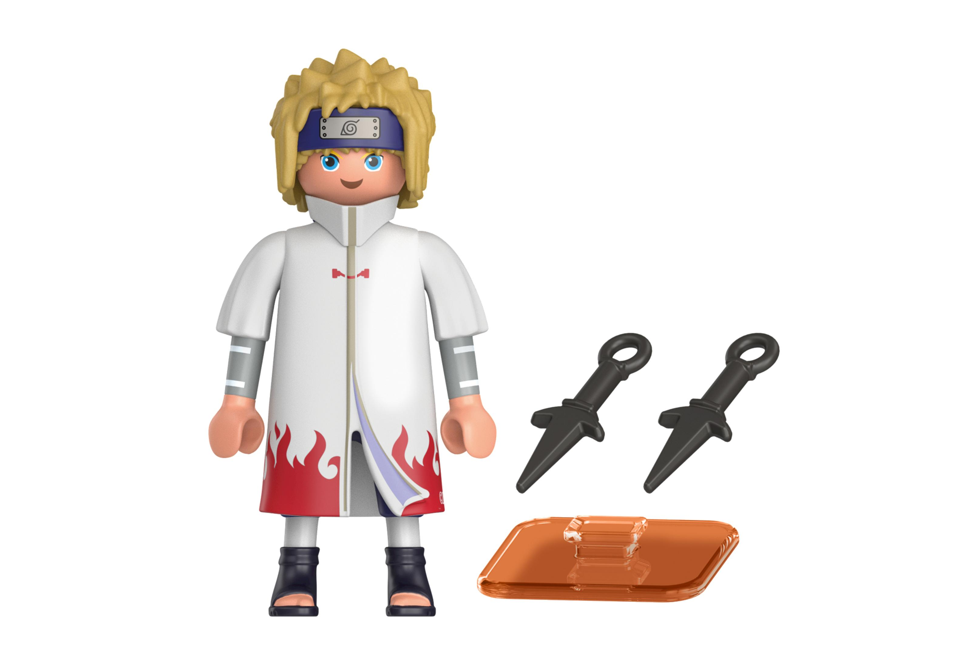 Minato Namikaze Figur. Er trägt einen weißen Mantel mit Flammendesign und hält Kunai.