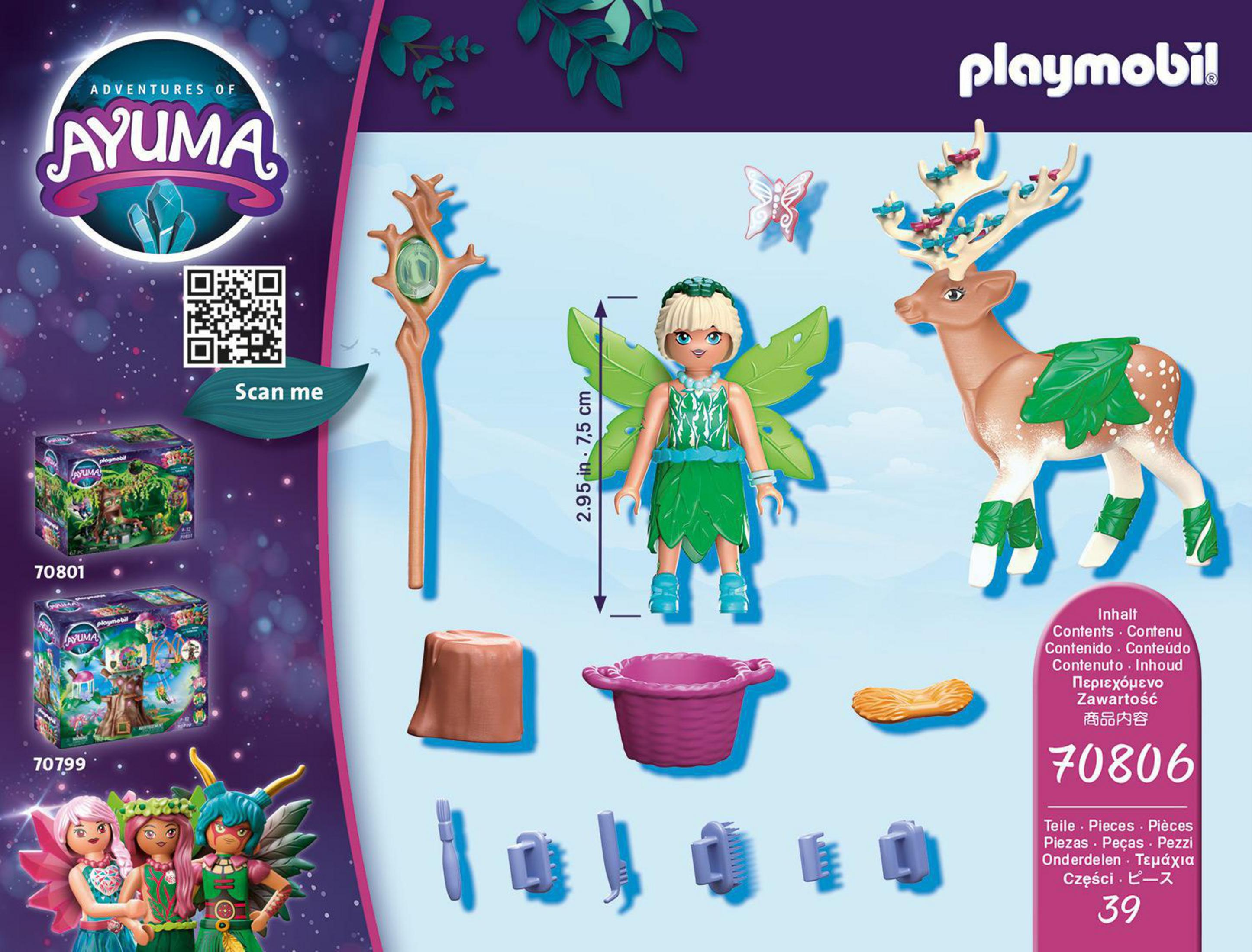 Playmobil Ayuma Set mit einer Feenfigur, Hirschfigur, Zubehör und einer Box mit Grafiken.