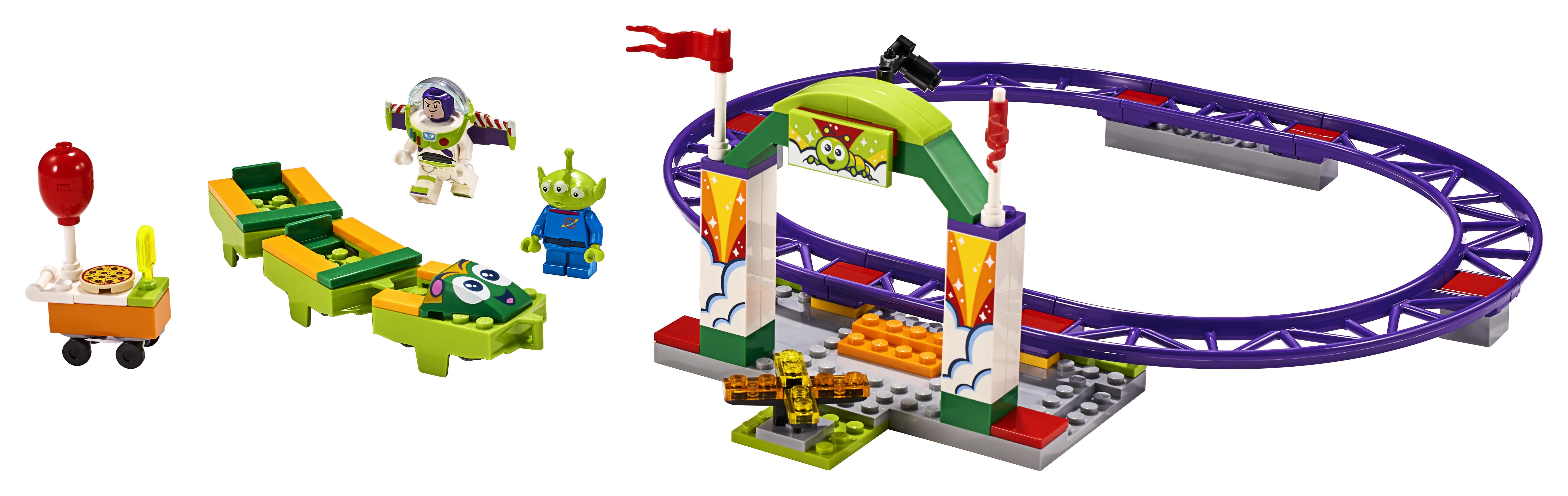 Toy Story Lego set with roller coaster, Buzz, alien, and food cart.