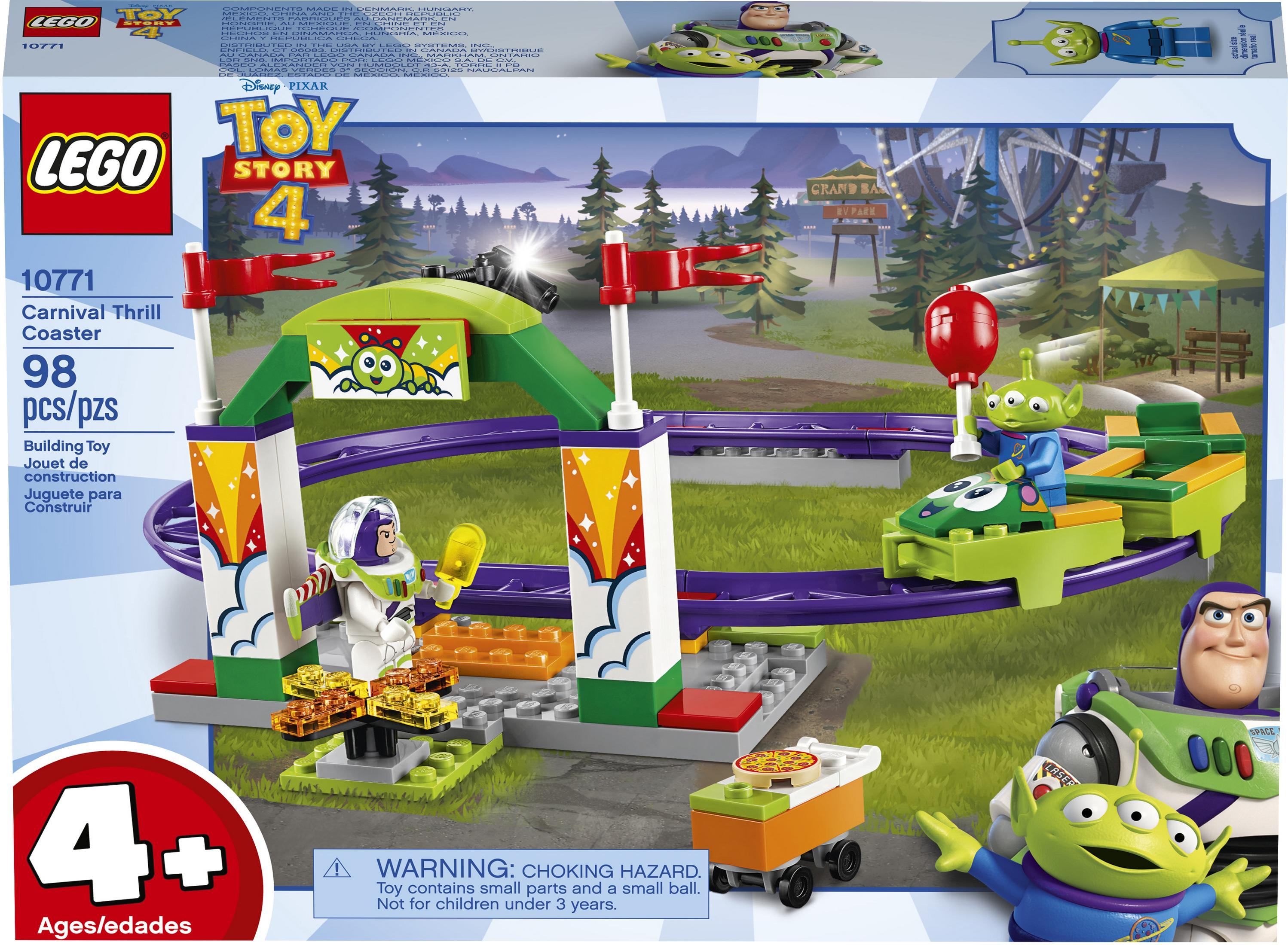 Lego Toy Story 4 set box. Buzz Lightyear and Alien characters on a carnival rollercoaster setting. '4+' age label.