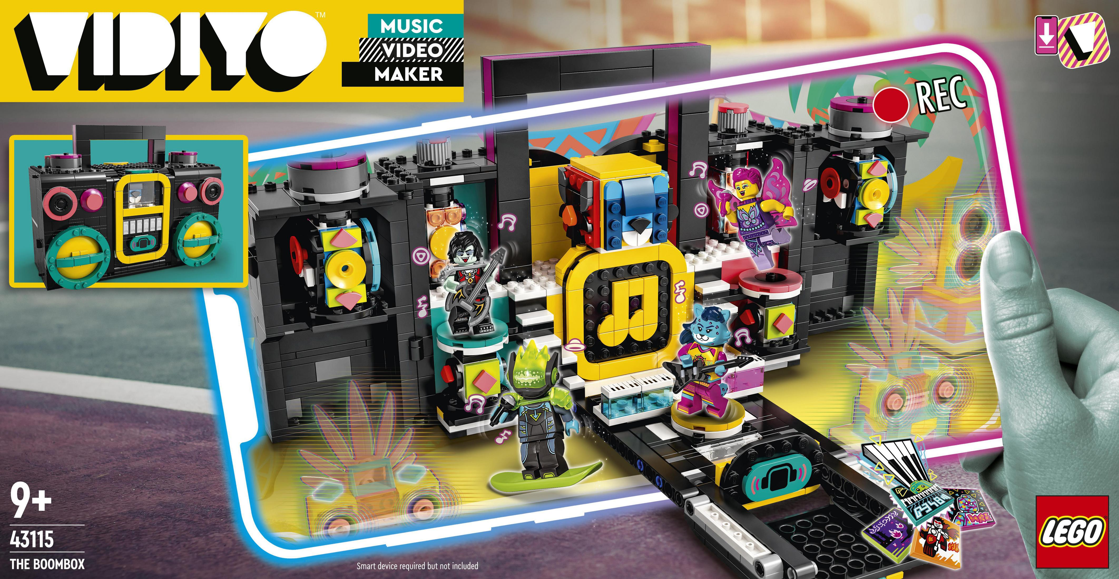 Zestaw Lego: scena Boombox z figurkami, telefon pokazujący scenę, logo Lego.