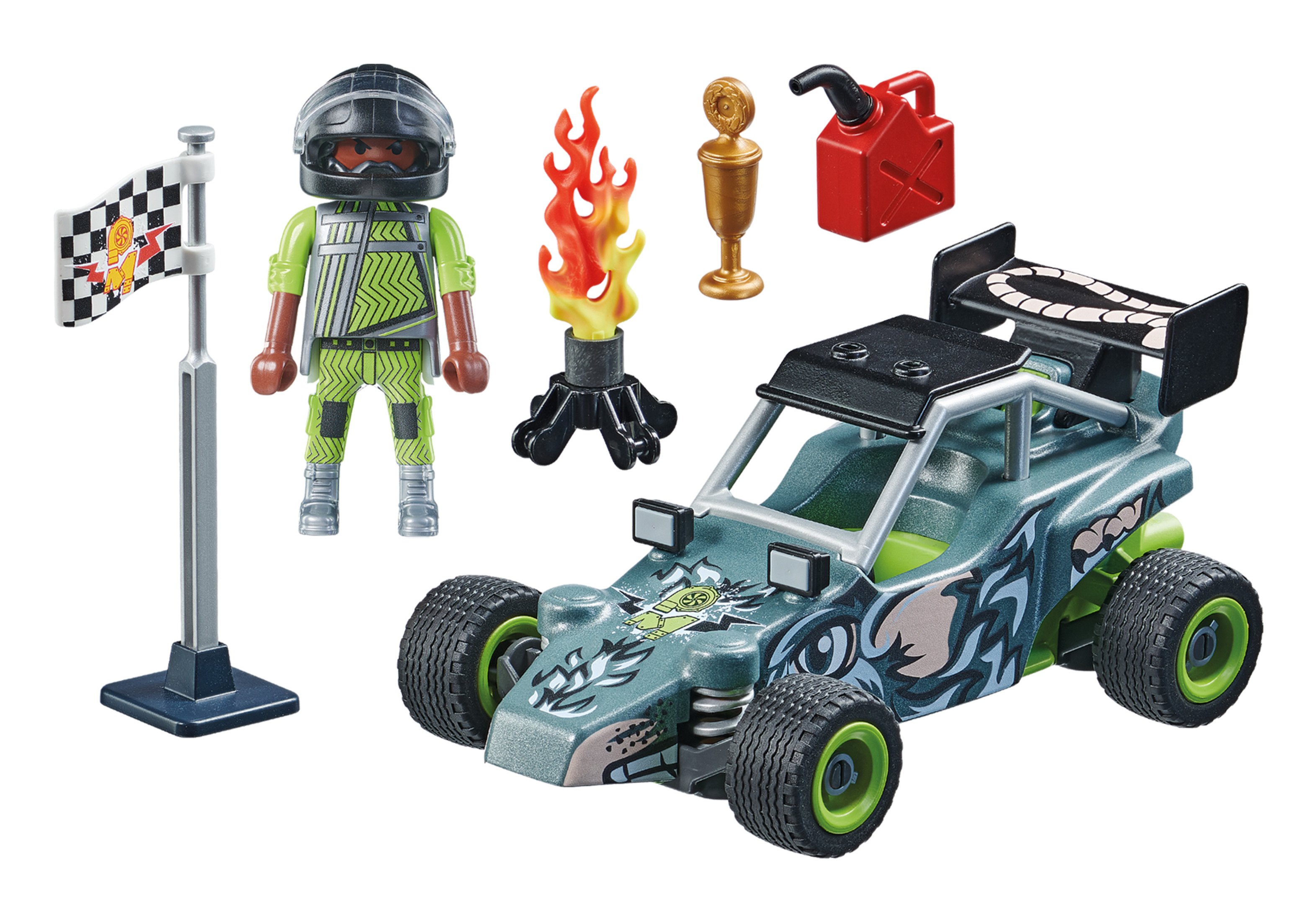 Rennwagen-Spielzeugset mit Auto, Fahrerfigur, Flamme, Trophäe, Benzin und Flagge.