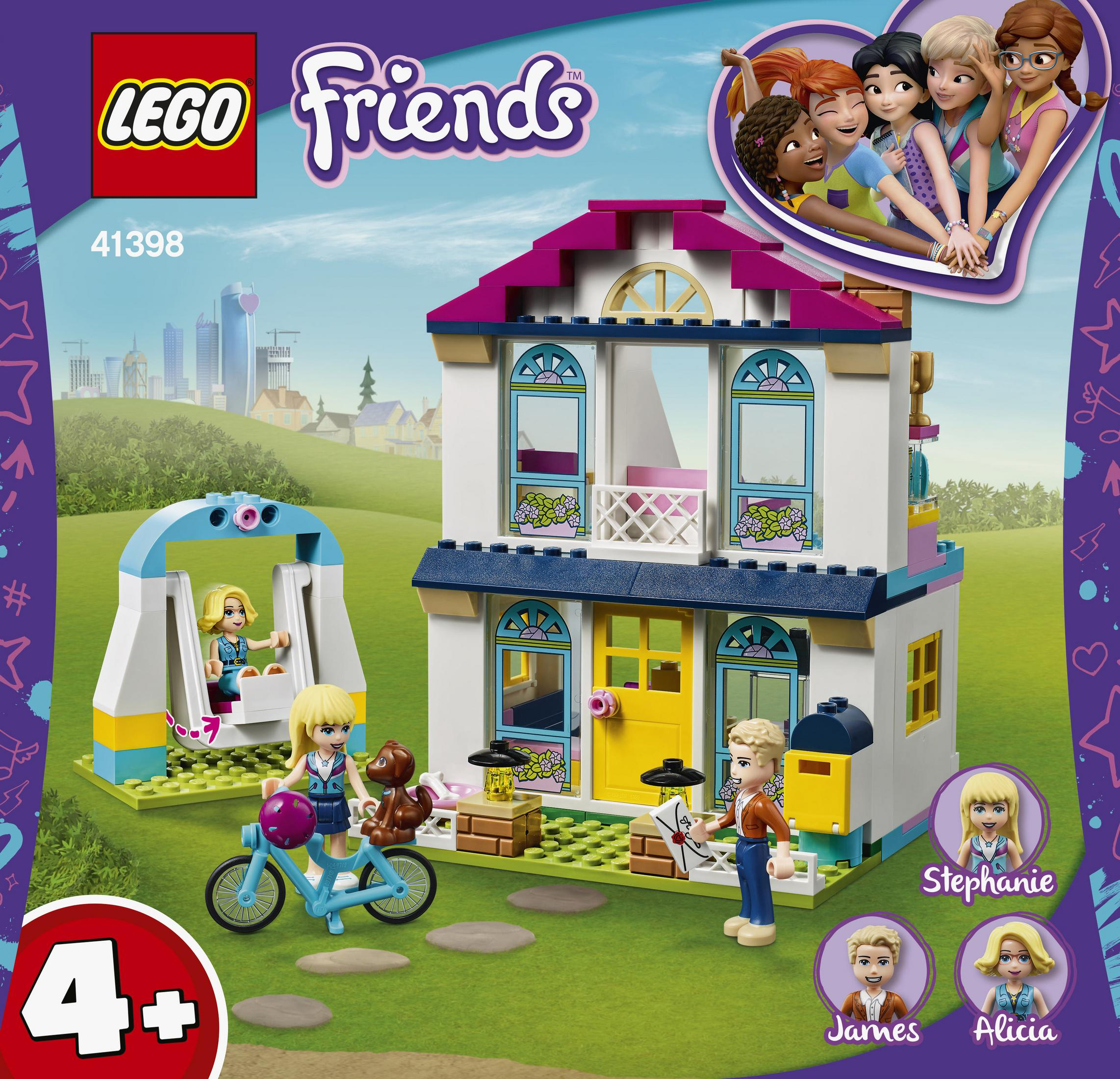LEGO Friends Set mit Haus, Schaukel, Fahrrad und Figuren.