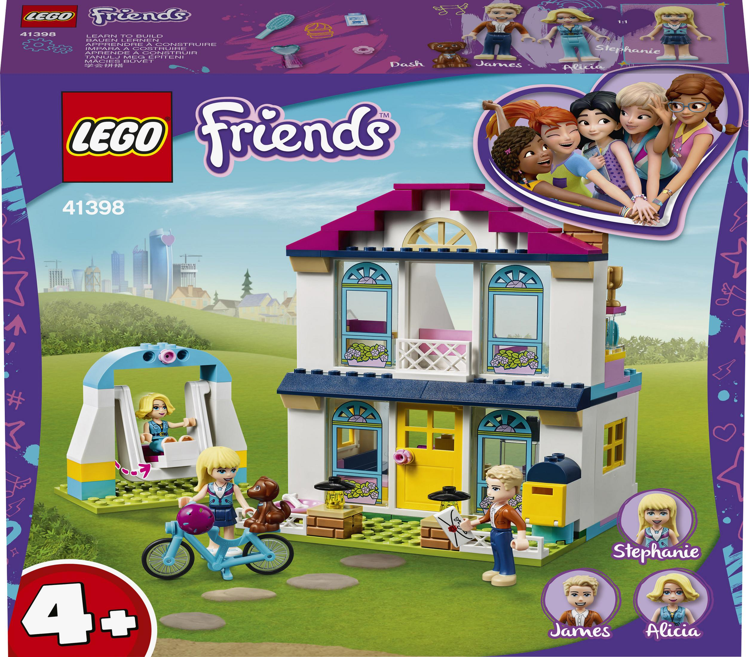 Ein Lego Friends Box-Set mit einem Haus, einer Schaukel und Kinderfiguren.