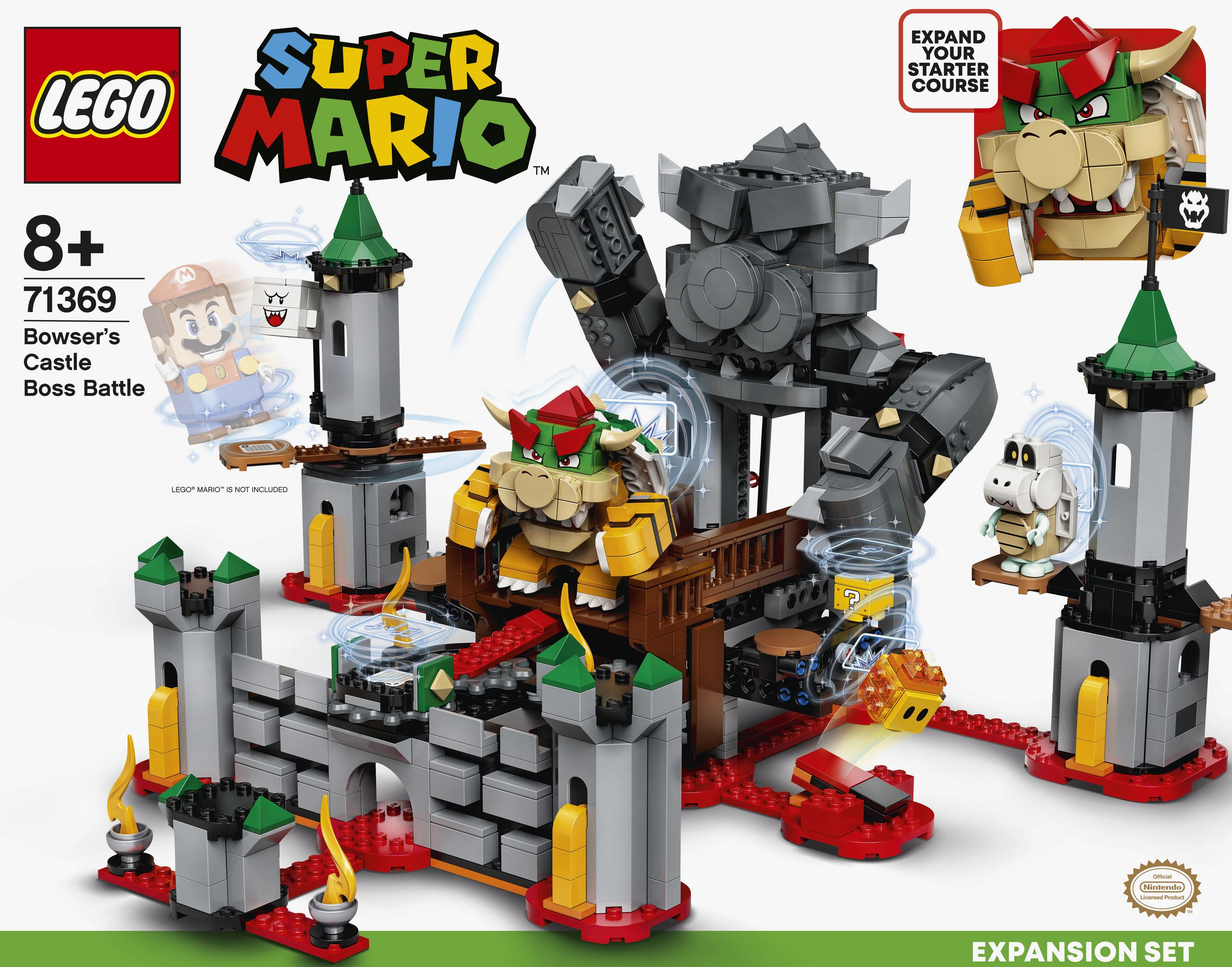 Lego Super Mario Bowser's Castle. Kolorowy zestaw z Bowserem, Mario i strukturami zamku. Tło: białe.