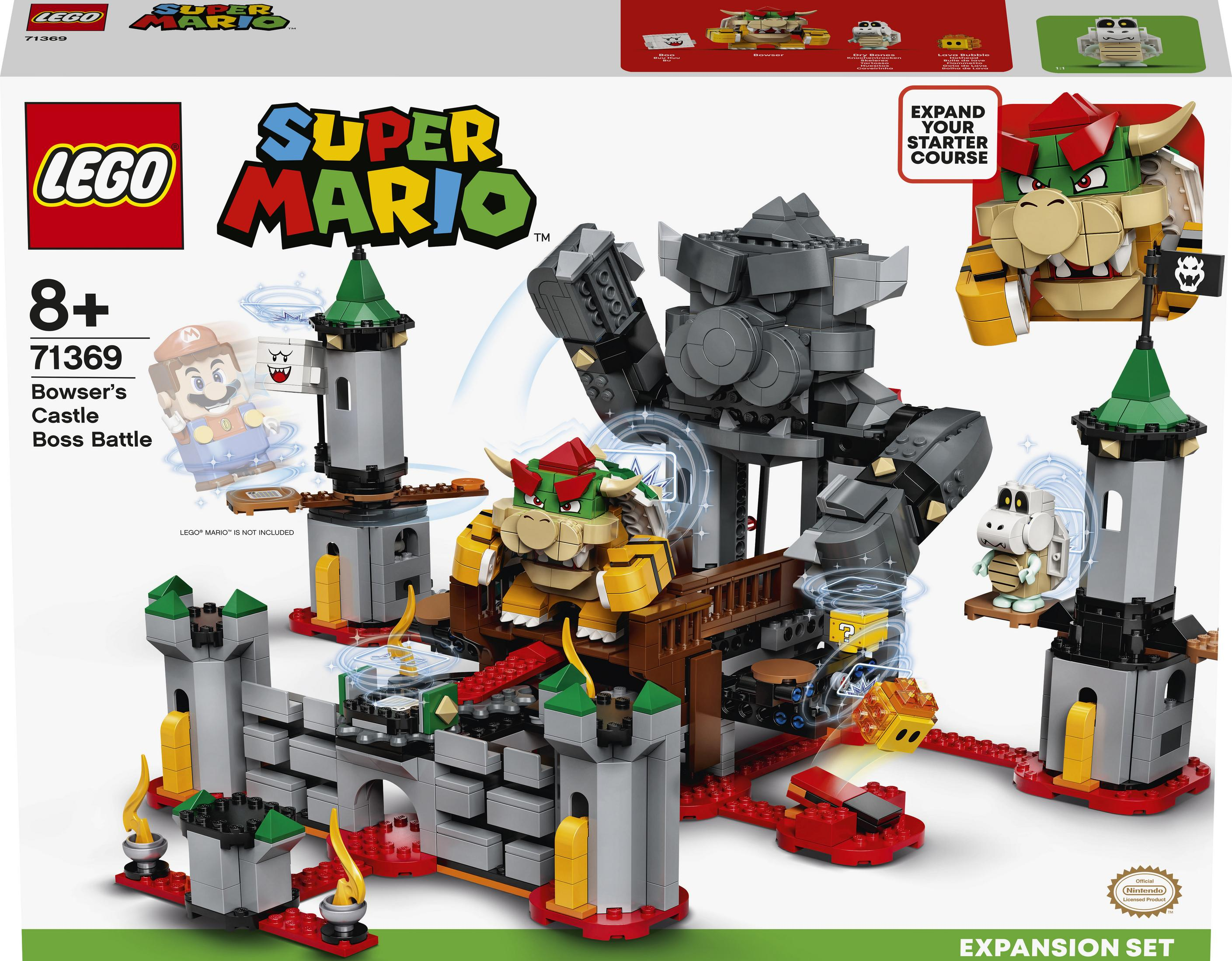 Zestaw Lego Super Mario. Zamek Bowsera i figurka Mario. Schemat kolorów szary, zielony i czerwony.