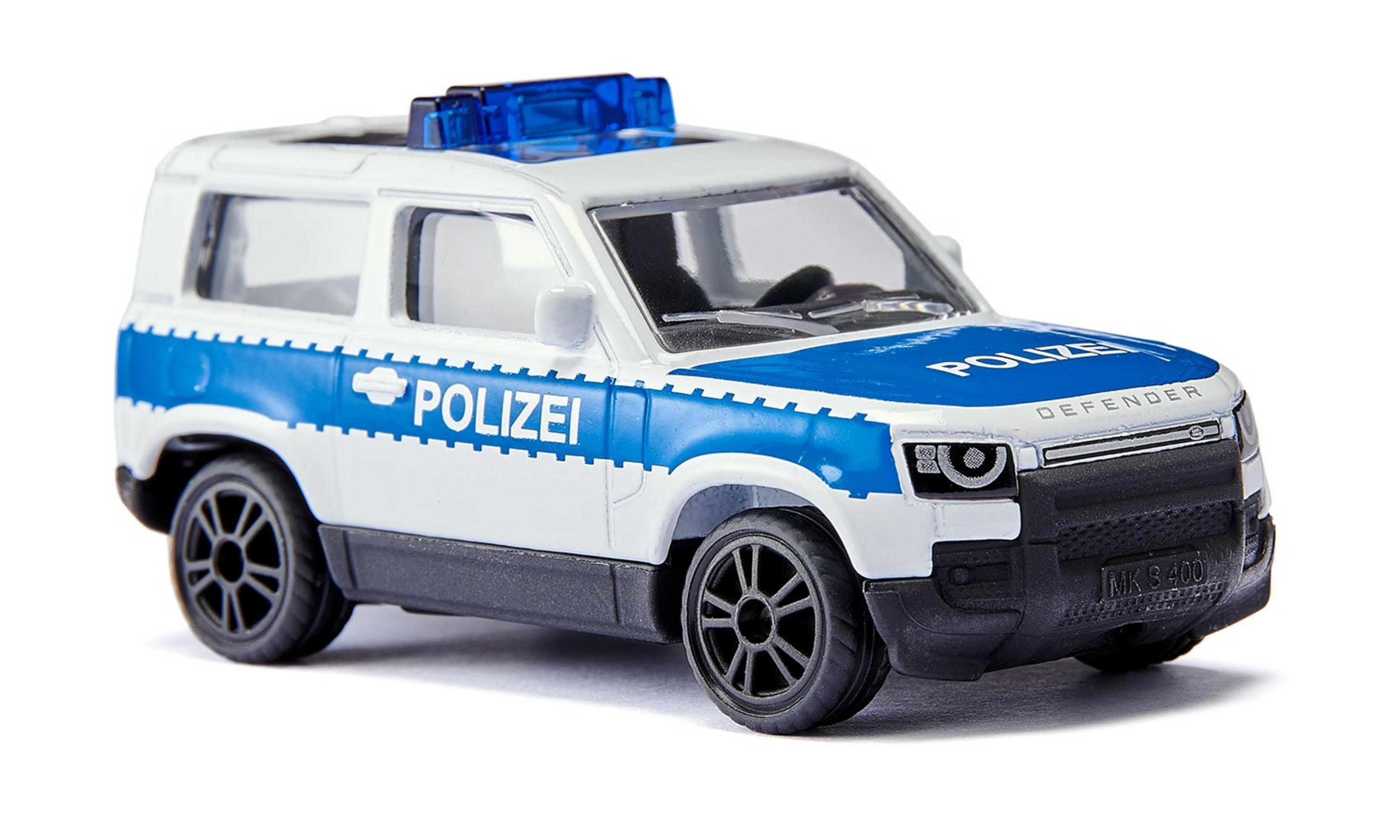Weißes und blaues Spielzeug-Polizei-SUV mit POLIZEI auf der Seite. Schwarze Räder, blaue Lichter oben.