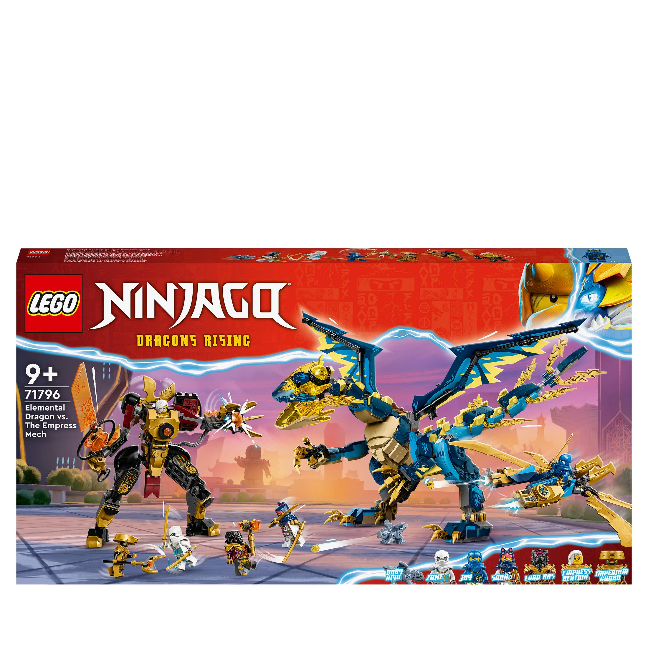 Ensemble Lego Ninjago avec des figurines de dragon et de mécha. L'ensemble est rouge et or.