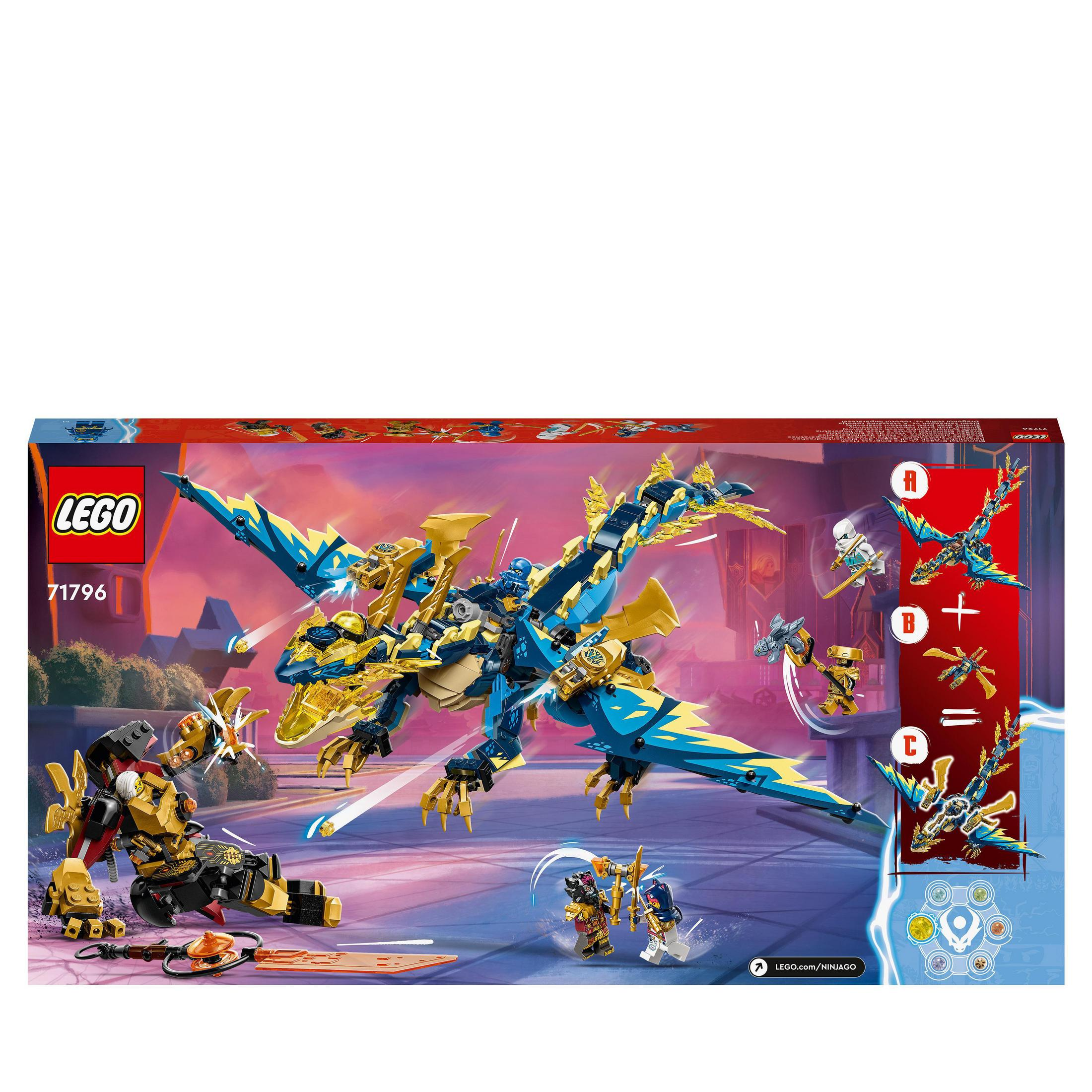 Boîte Lego Ninjago. Un grand dragon combat deux personnages. D'autres personnages sont inclus dans la boîte.