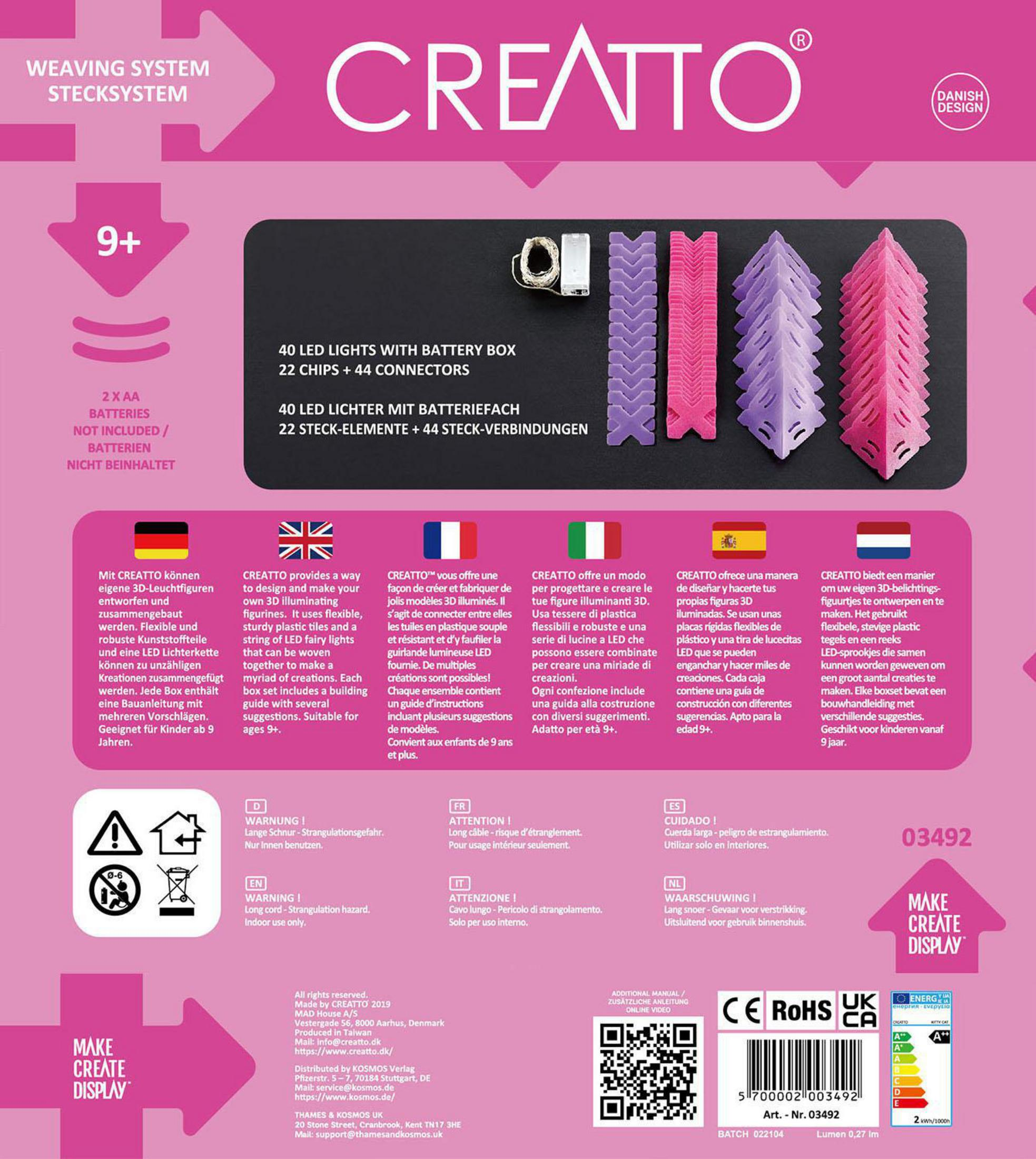 Creatto Web-System Verpackung. Zeigt 40 LED-Leuchten, Verbinder und Anweisungen. Für Kinder ab 9 Jahren.