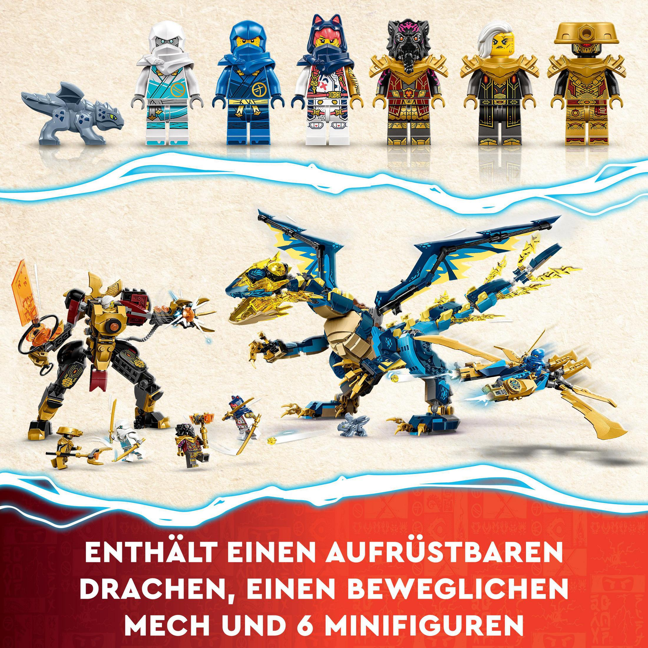 Ensemble Lego Ninjago avec figurines, dragon et mécha, fond bleu et blanc.