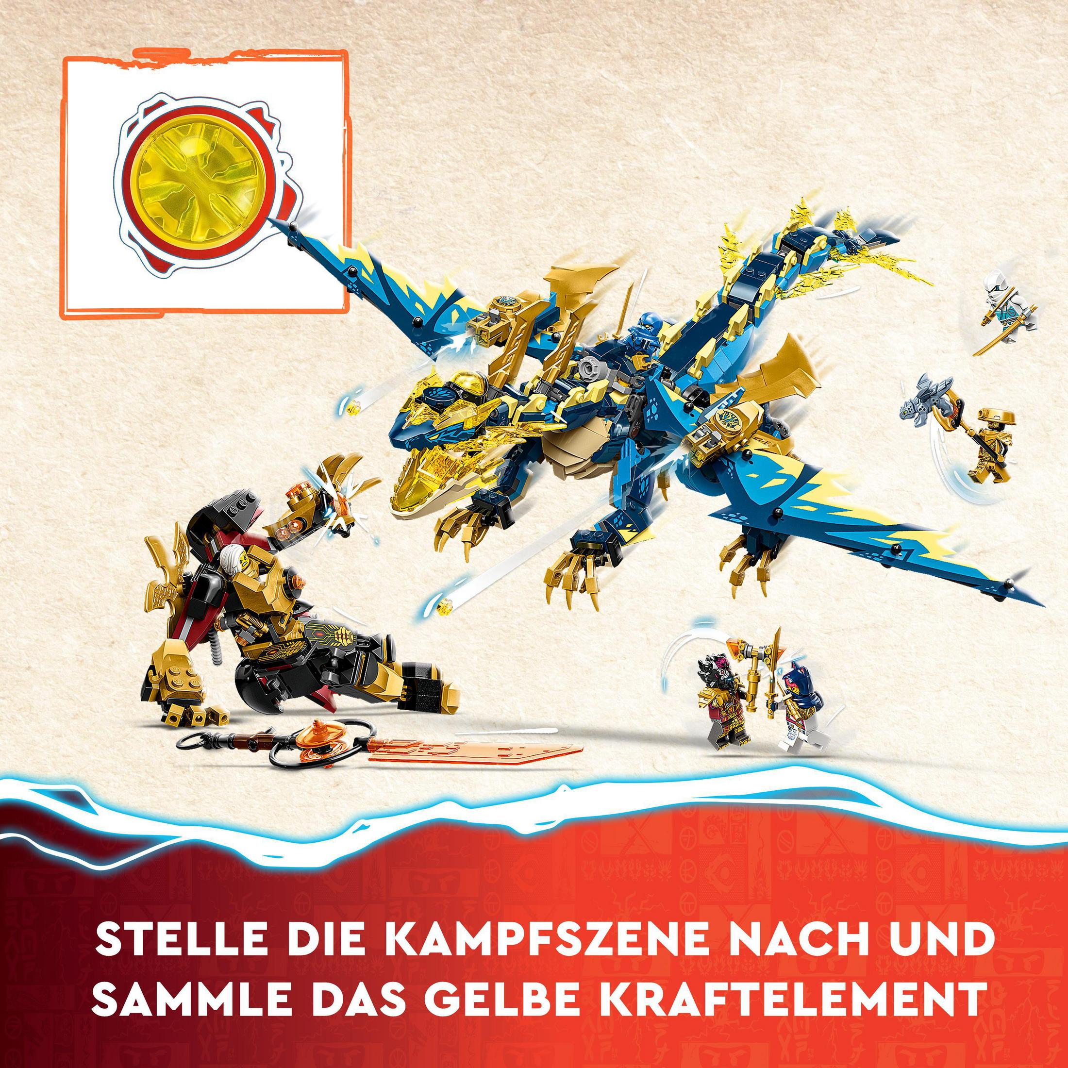 Set Lego avec un dragon combattant un robot. Les couleurs bleu et or dominent la scène.
