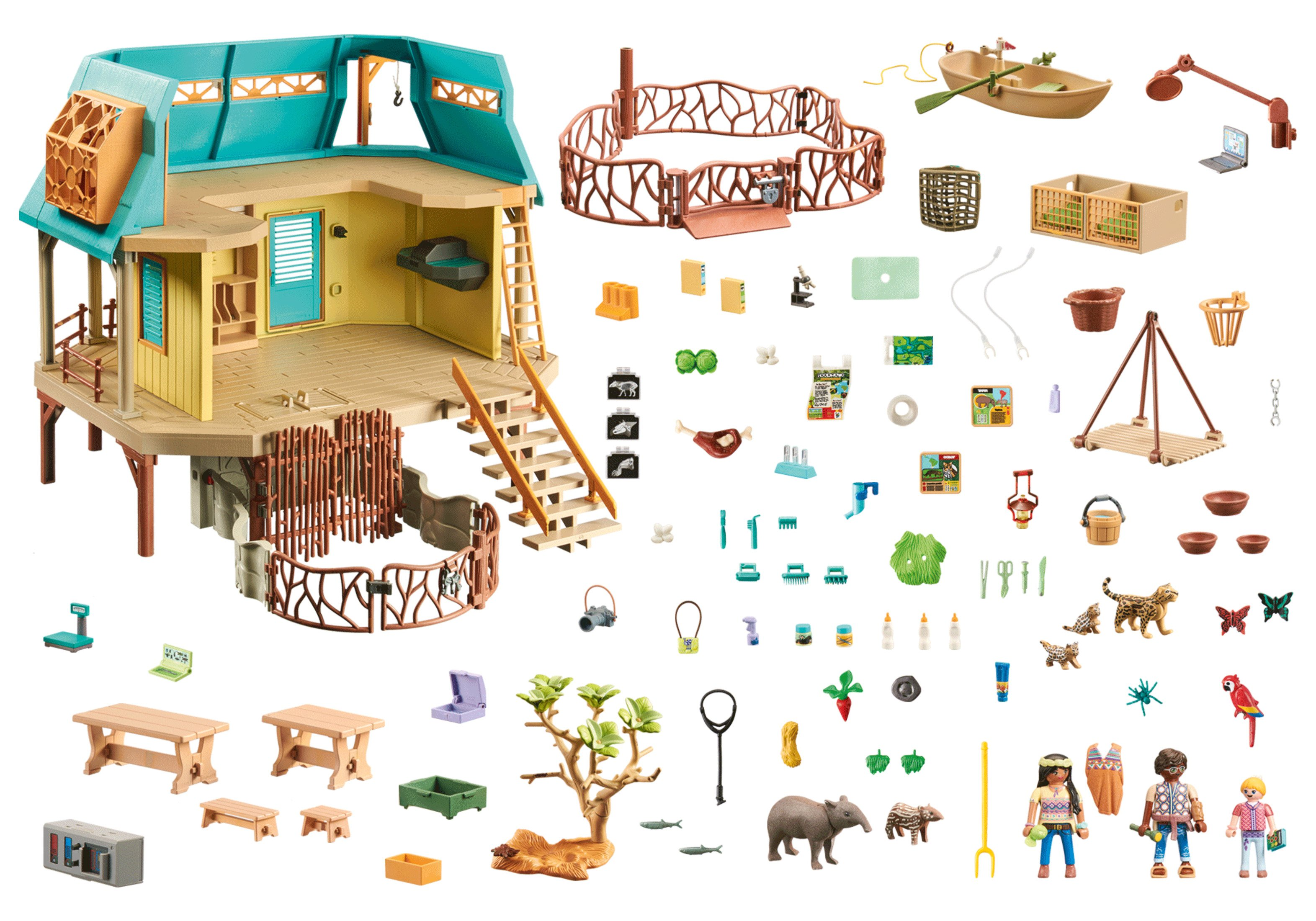 Playmobil Zoo Spielset mit Figuren, Tieren, Gebäuden und Zubehör, zum Spielen aufgebaut.
