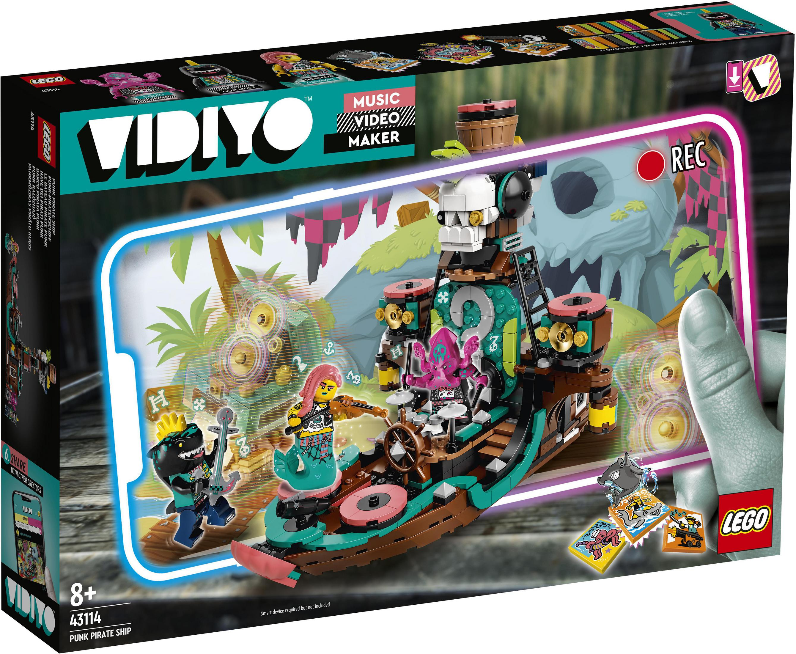 Pudełko Lego Vidiyo Pink Pirate Ship z figurkami Lego, statkiem i dłonią trzymającą telefon.