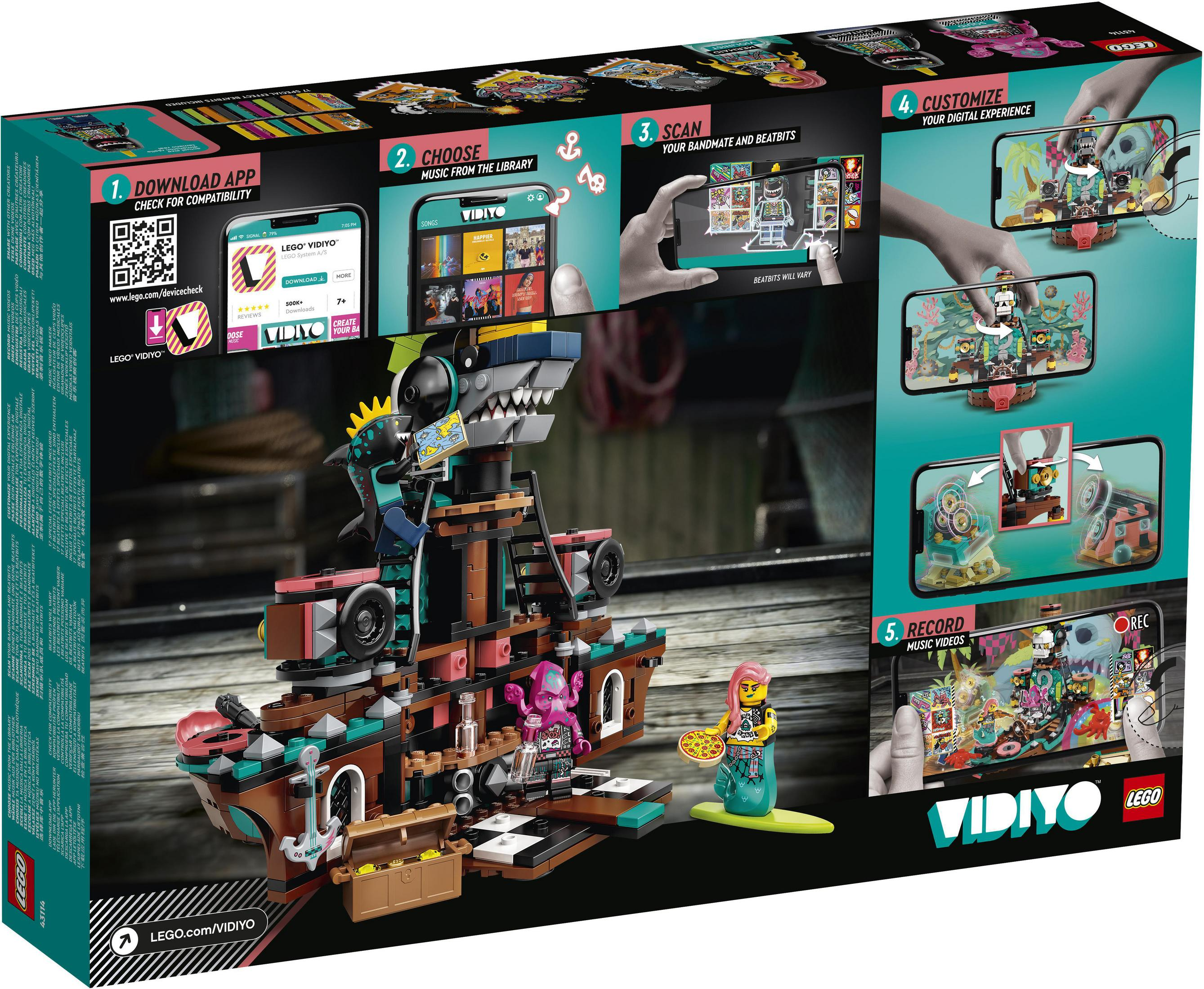 Grafika pudełka do zestawu LEGO Vidiyo. Pokazuje scenę z figurkami, telefonami wyświetlającymi zawartość i instrukcjami.