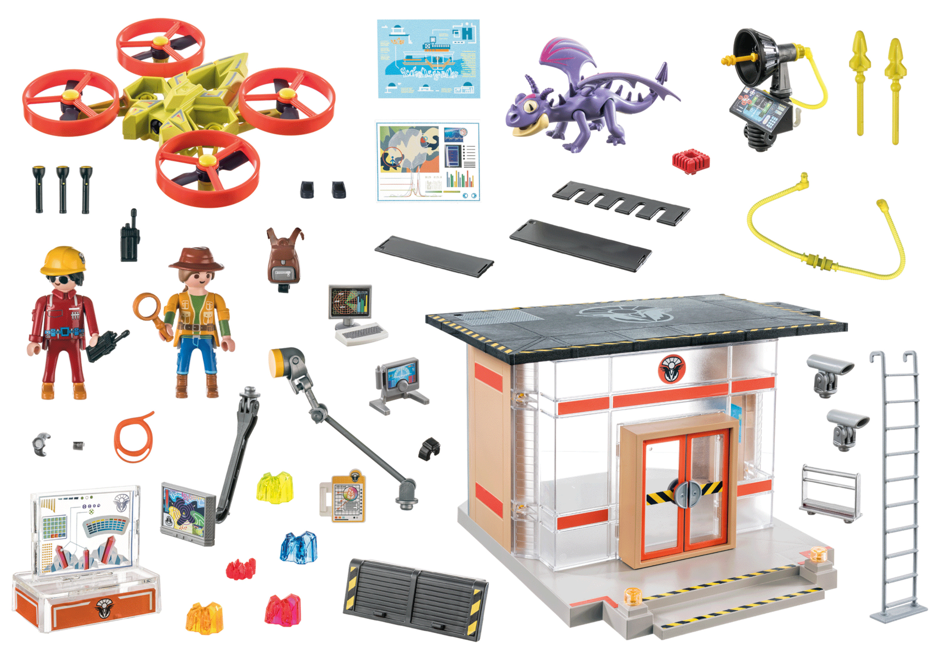A set of toy figures and a building. White background.