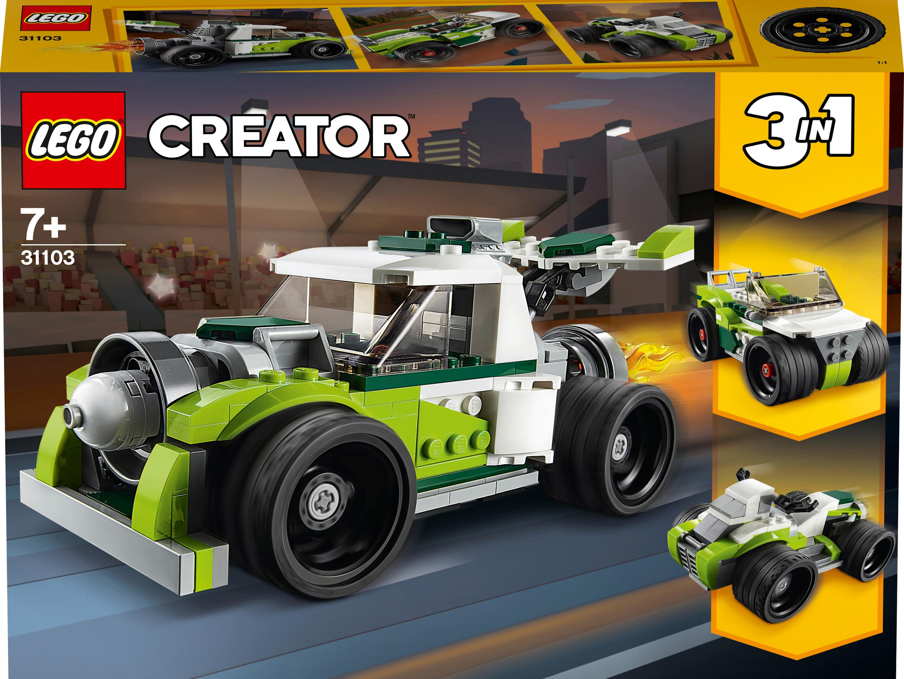 Pudełko z zestawem Lego Creator 3 w 1 Race Car, pokazujące trzy różne modele samochodów wyścigowych.