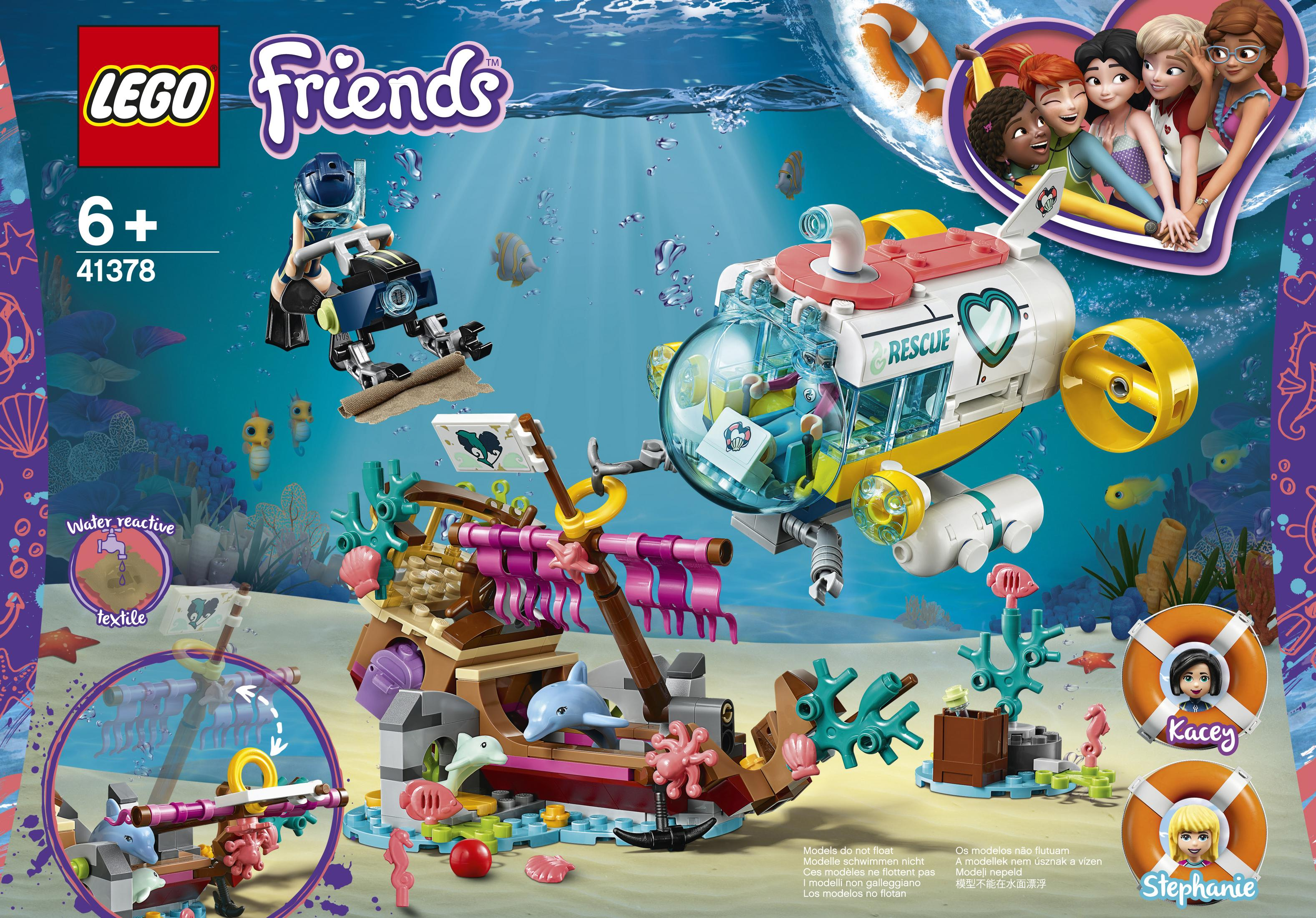 Scena sottomarina LEGO Friends. Sono mostrati un sottomarino, un relitto e creature marine.