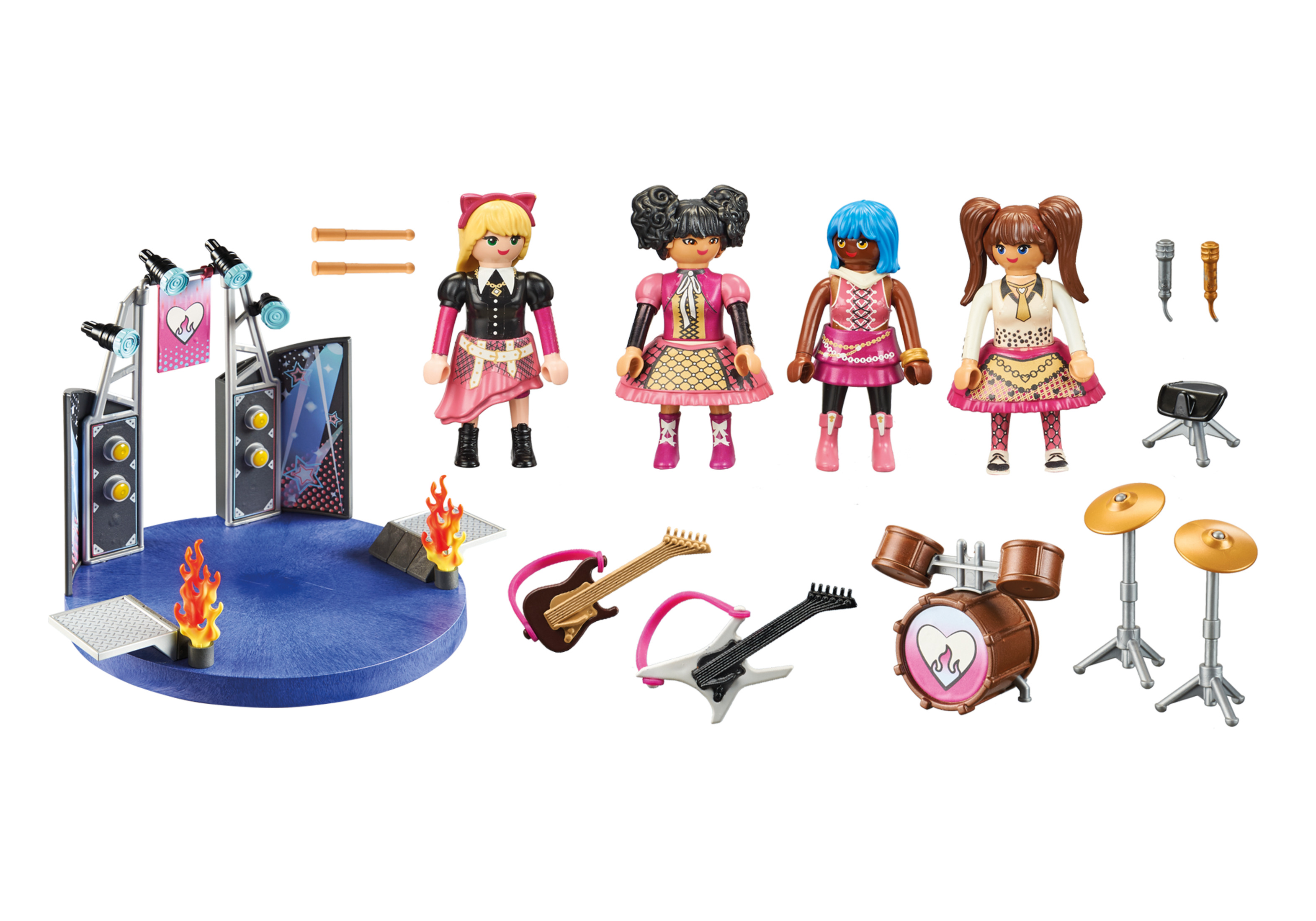Playmobil-Spielzeugset mit Bühne, Bandmitgliedern und Instrumenten.