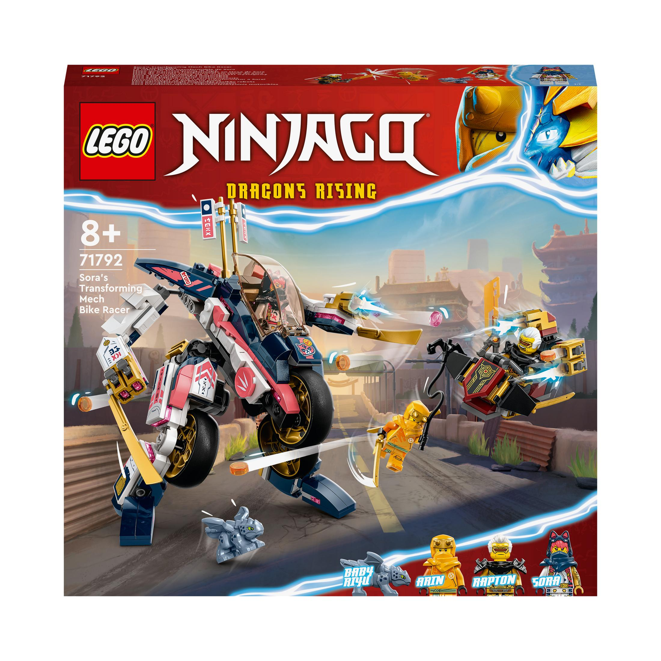 Scatola Lego Ninjago con una scena di moto da corsa mech. I personaggi sono in azione.