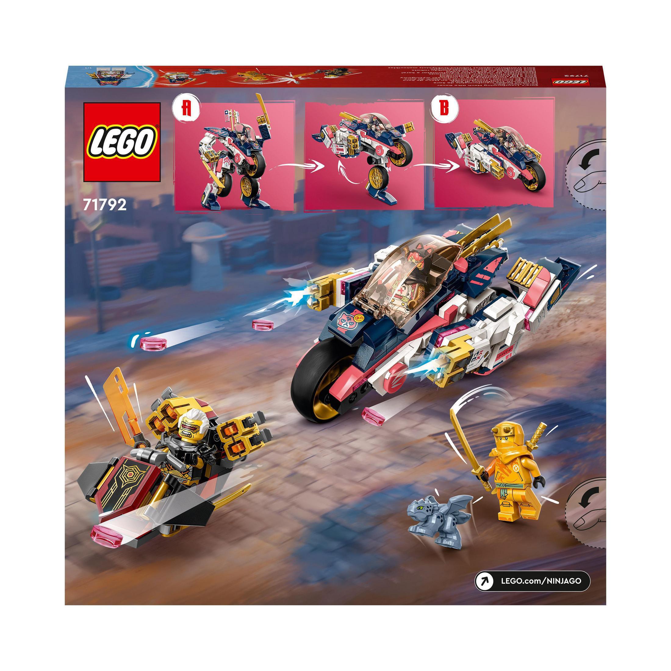 Set LEGO Ninjago: moto con personaggi in azione, colorato, sfondo urbano.
