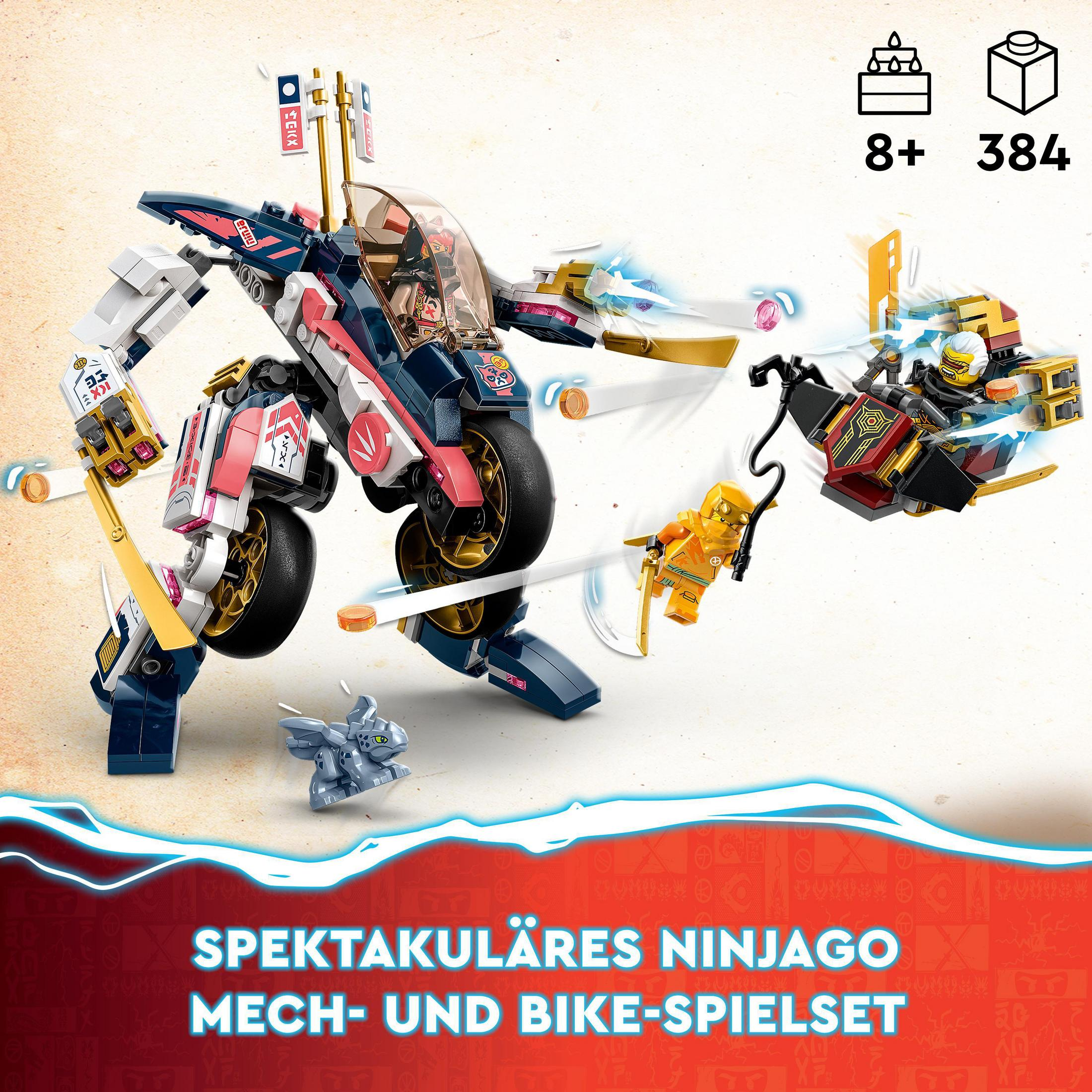 Un set Lego Ninjago con mech, moto e minifigure in azione.