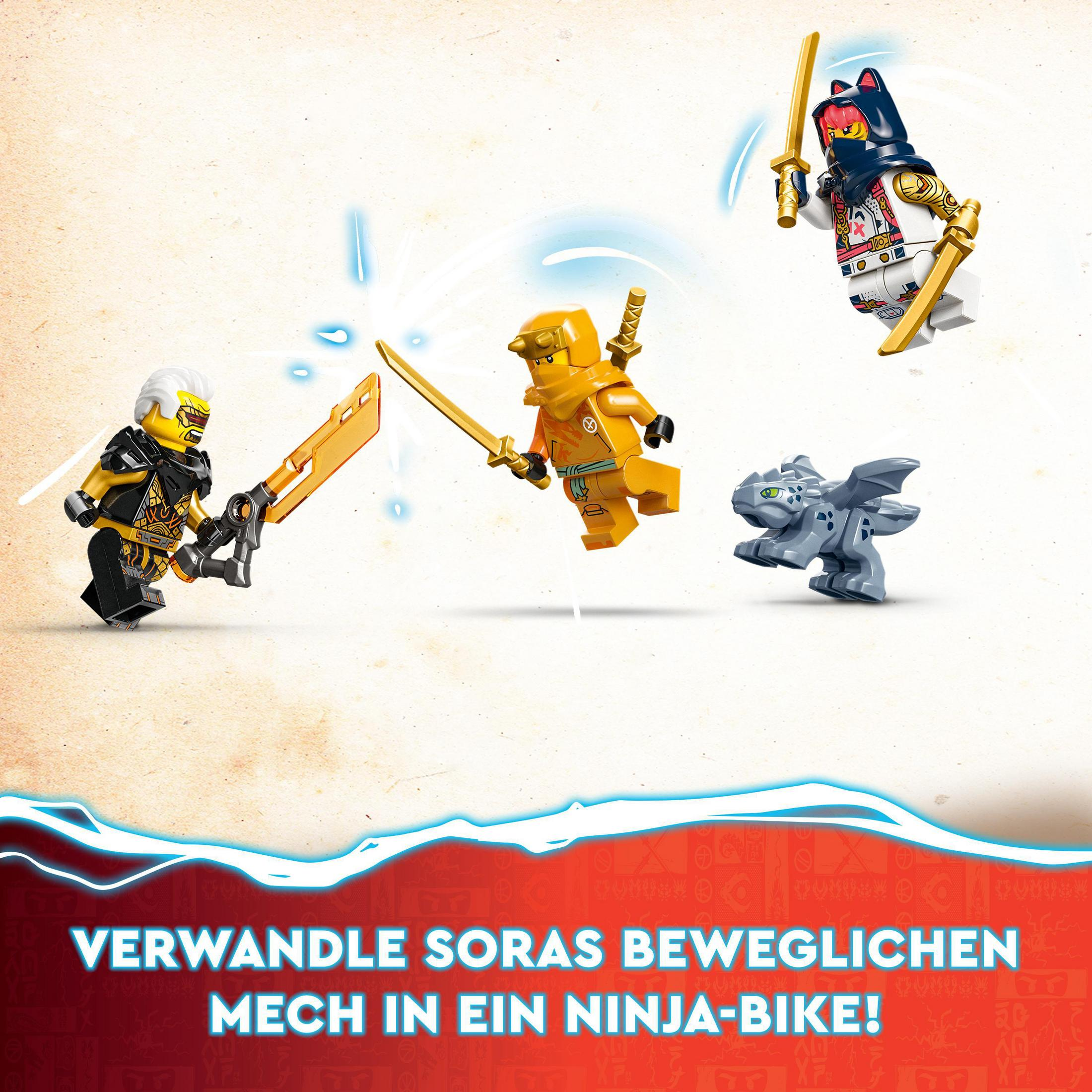 Personaggi LEGO Ninjago in azione con armi d'oro. Esplosioni di energia blu e una figura simile a un drago.