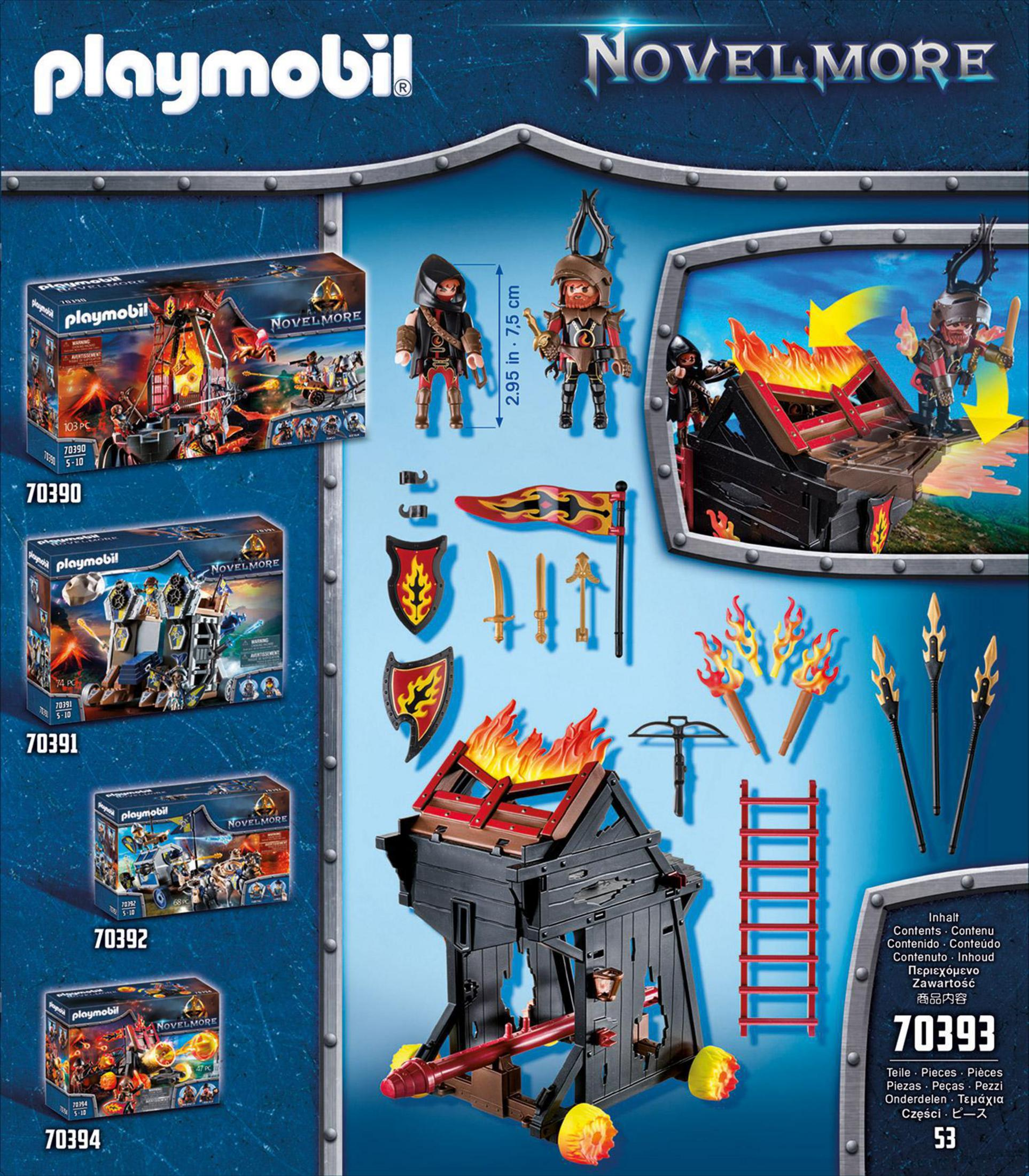 Set Playmobil Novelmore con personaggi, un castello in fiamme e vari accessori. Lo sfondo è blu.