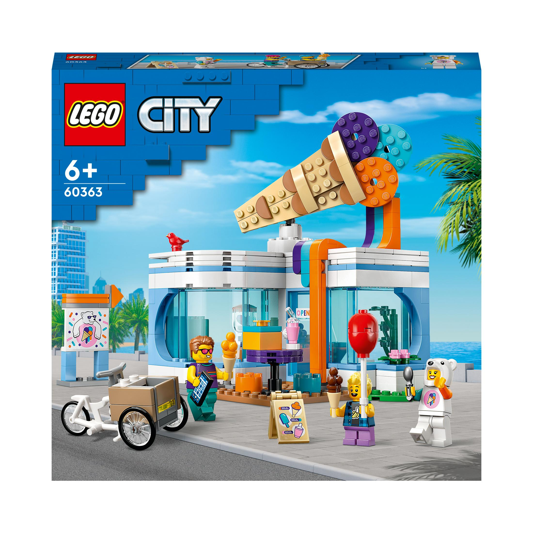 Set gelateria Lego City con minifig. L'edificio ha un grande cono gelato in cima.