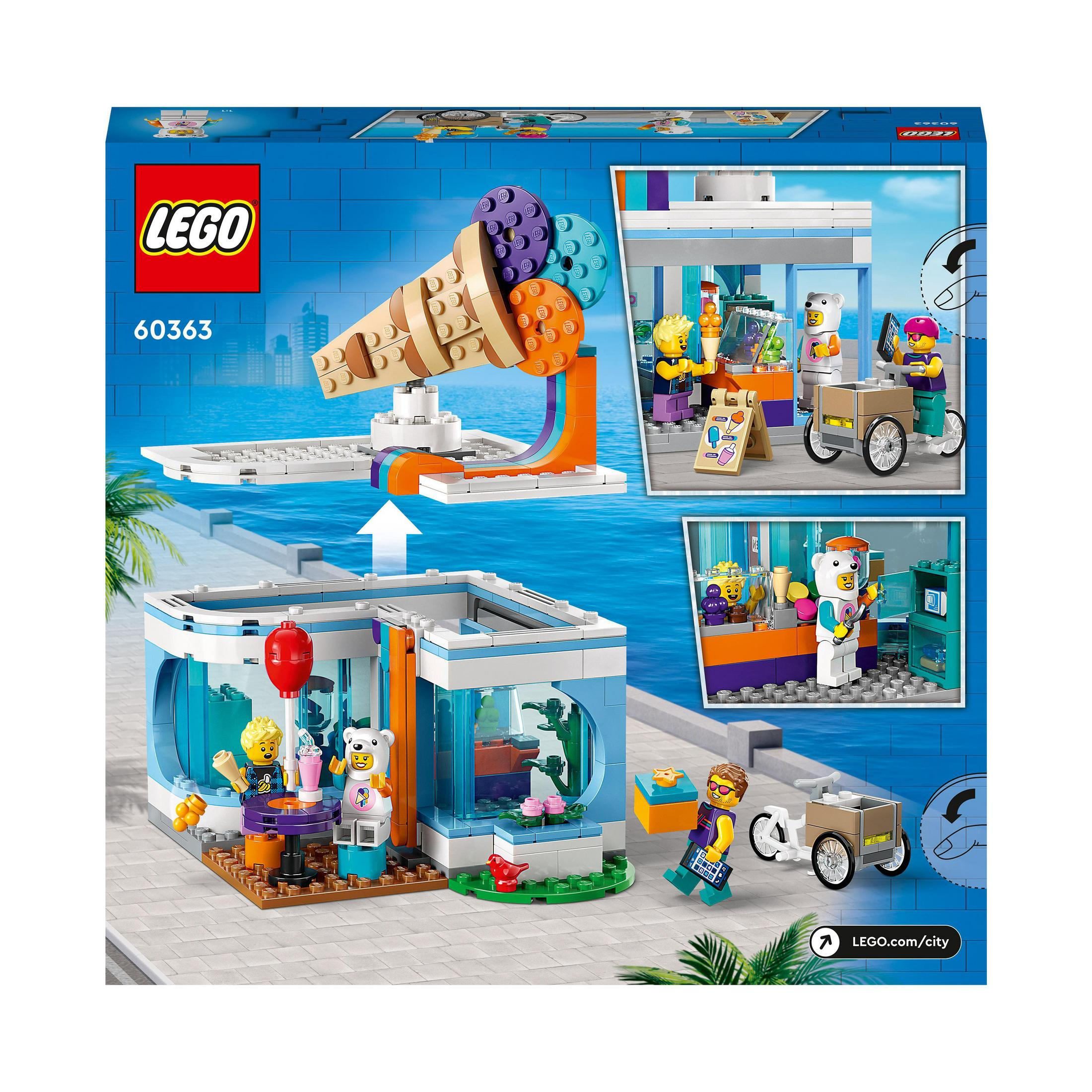 Scatola del set LEGO, con scene di gelateria. Presenta personaggi, gelati e un edificio.
