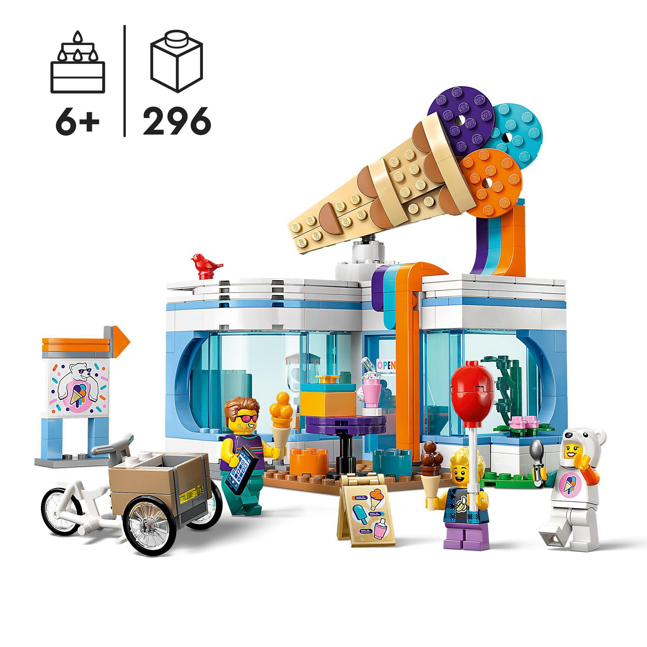 Gelateria Lego. Include personaggi, gelati e un cartello. Sono visibili una bicicletta e un carrello.