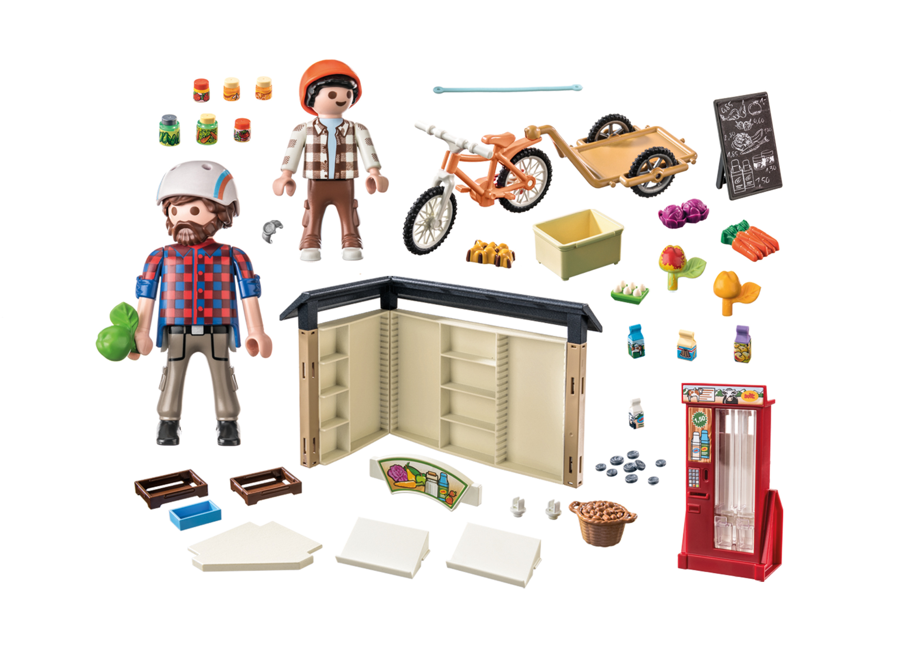 Playmobil-Set eines Bauernmarktes mit Figuren, Lebensmitteln, einem Fahrrad und einem Automaten.