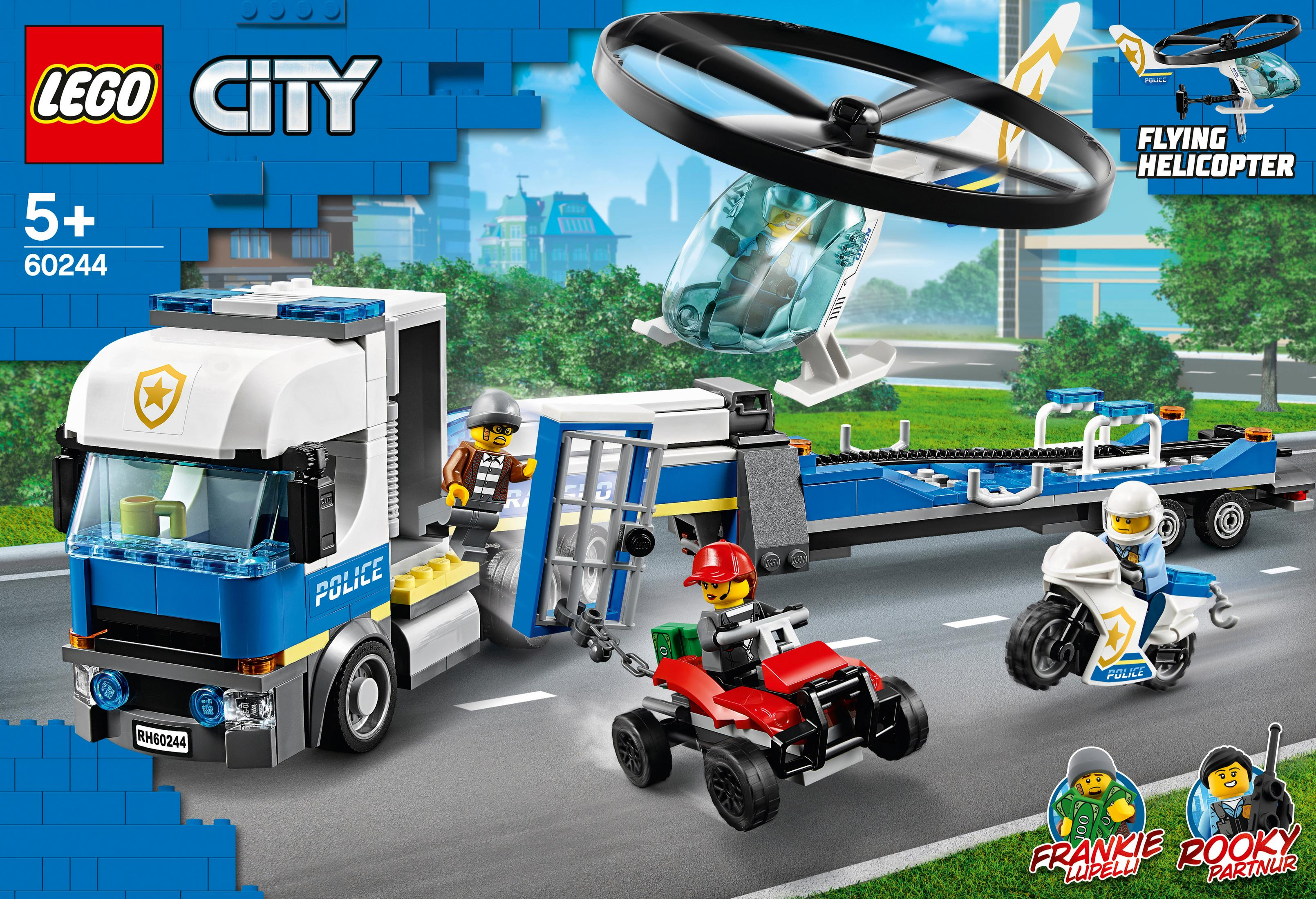 Una scatola del set Lego City con un camion della polizia, un elicottero e altri veicoli.