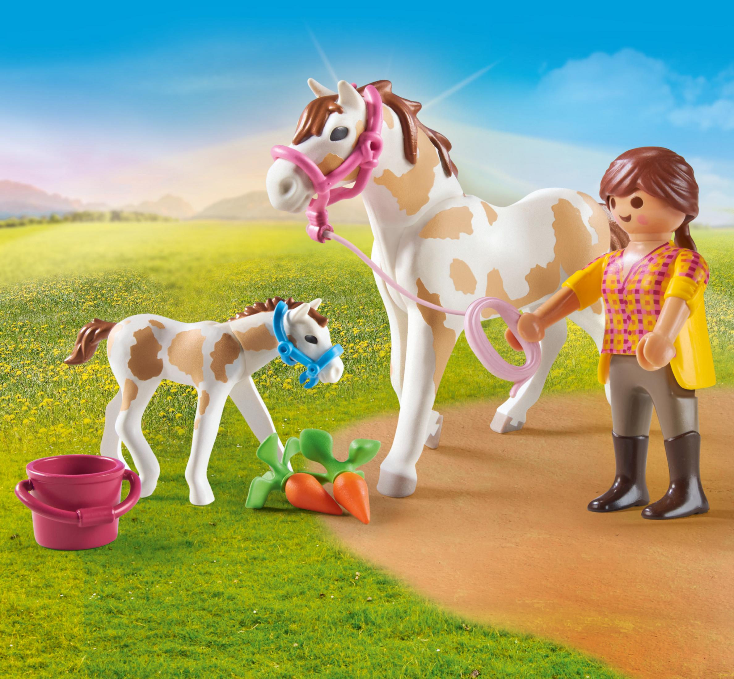 Set Playmobil: cavallo bianco e puledro con figura femminile e accessori sul campo.