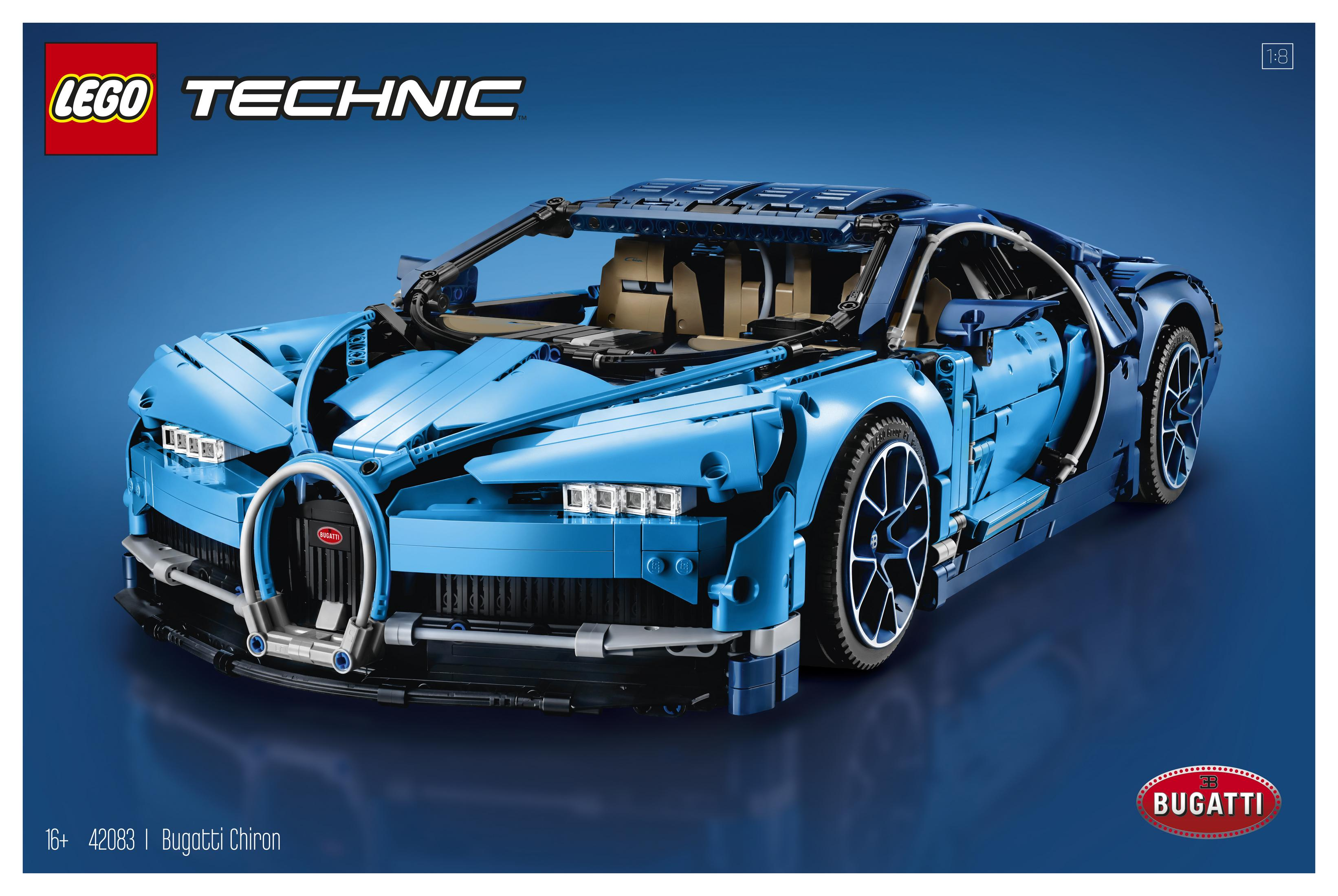 Lego Technic Bugatti Chiron: Niebieski model samochodu Lego ze skomplikowanymi detalami. Tło: Niebieskie tło.