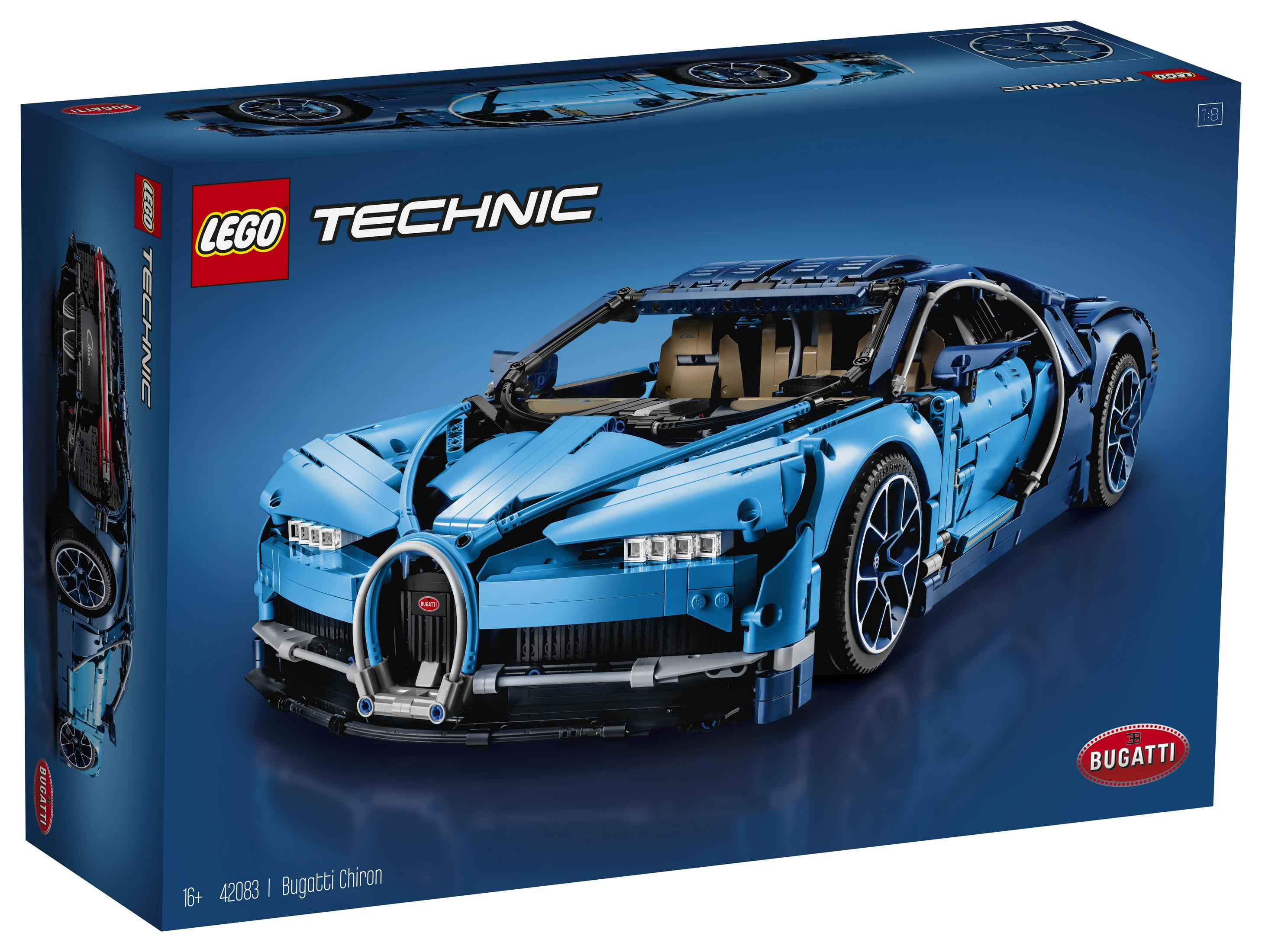 Pudełko z zabawkami Lego Technic Bugatti Chiron na ciemnoniebieskim tle.