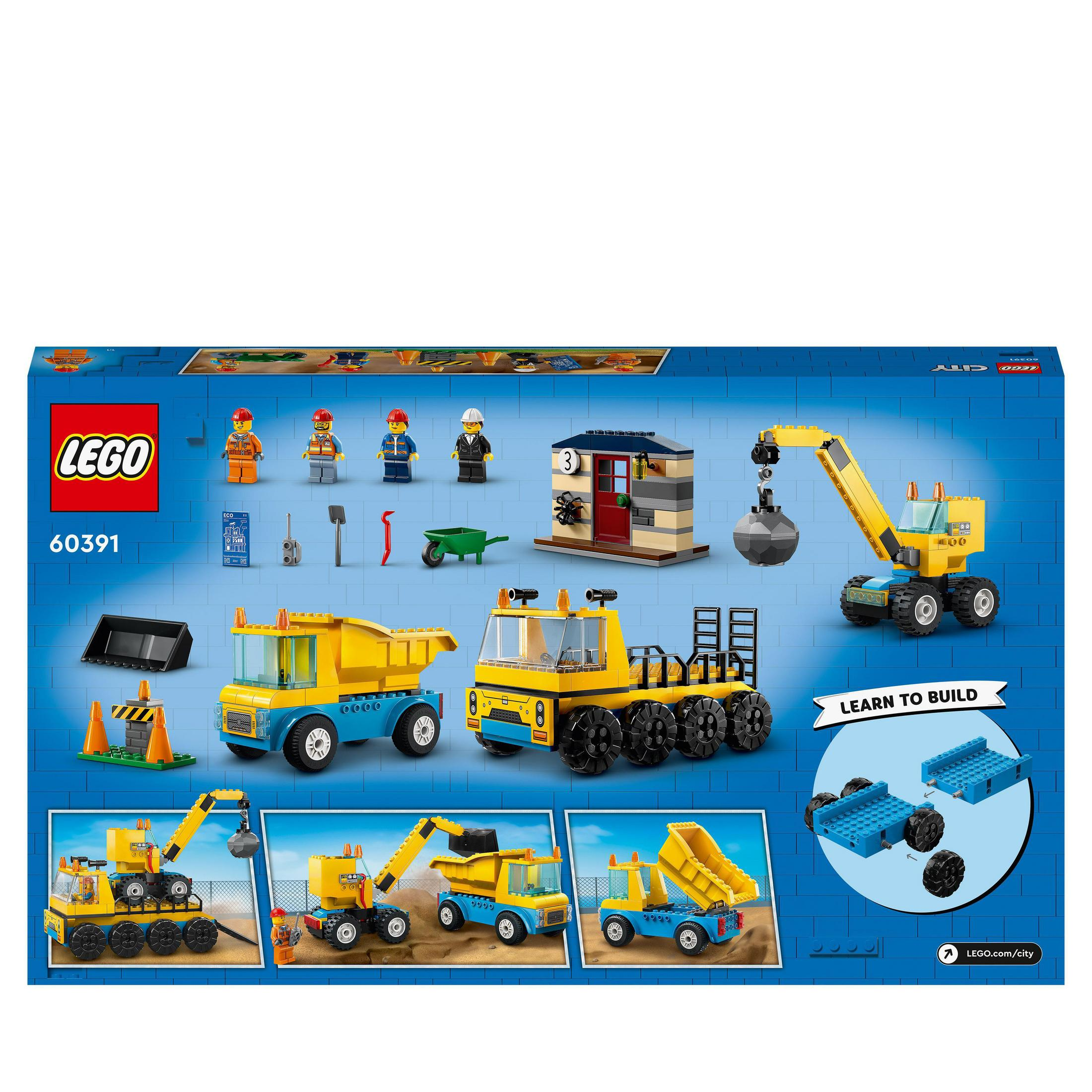 Caja de Lego con vehículos de construcción. Se muestra una grúa, camiones y herramientas.