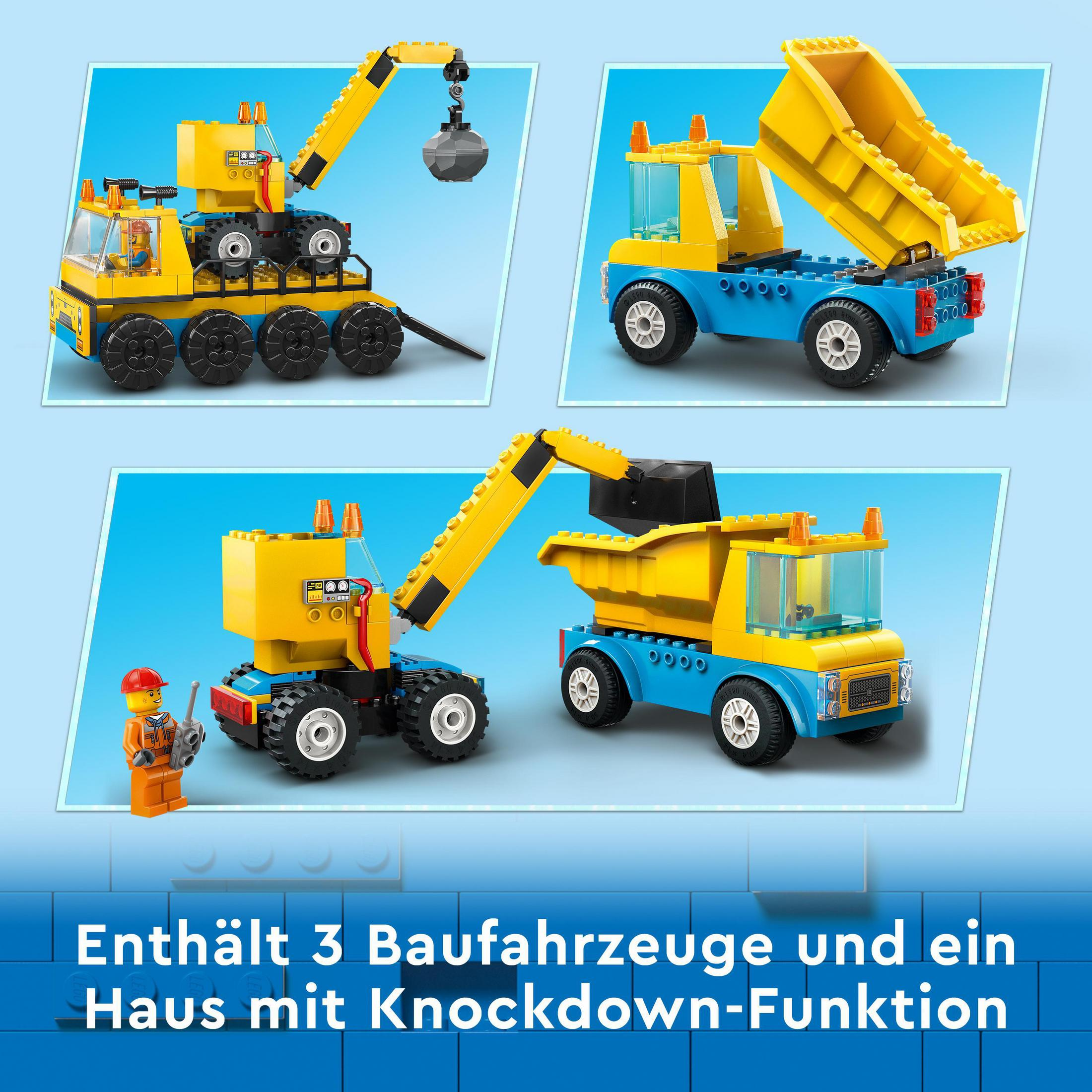 Set de construcción LEGO con 3 vehículos y una casa.
