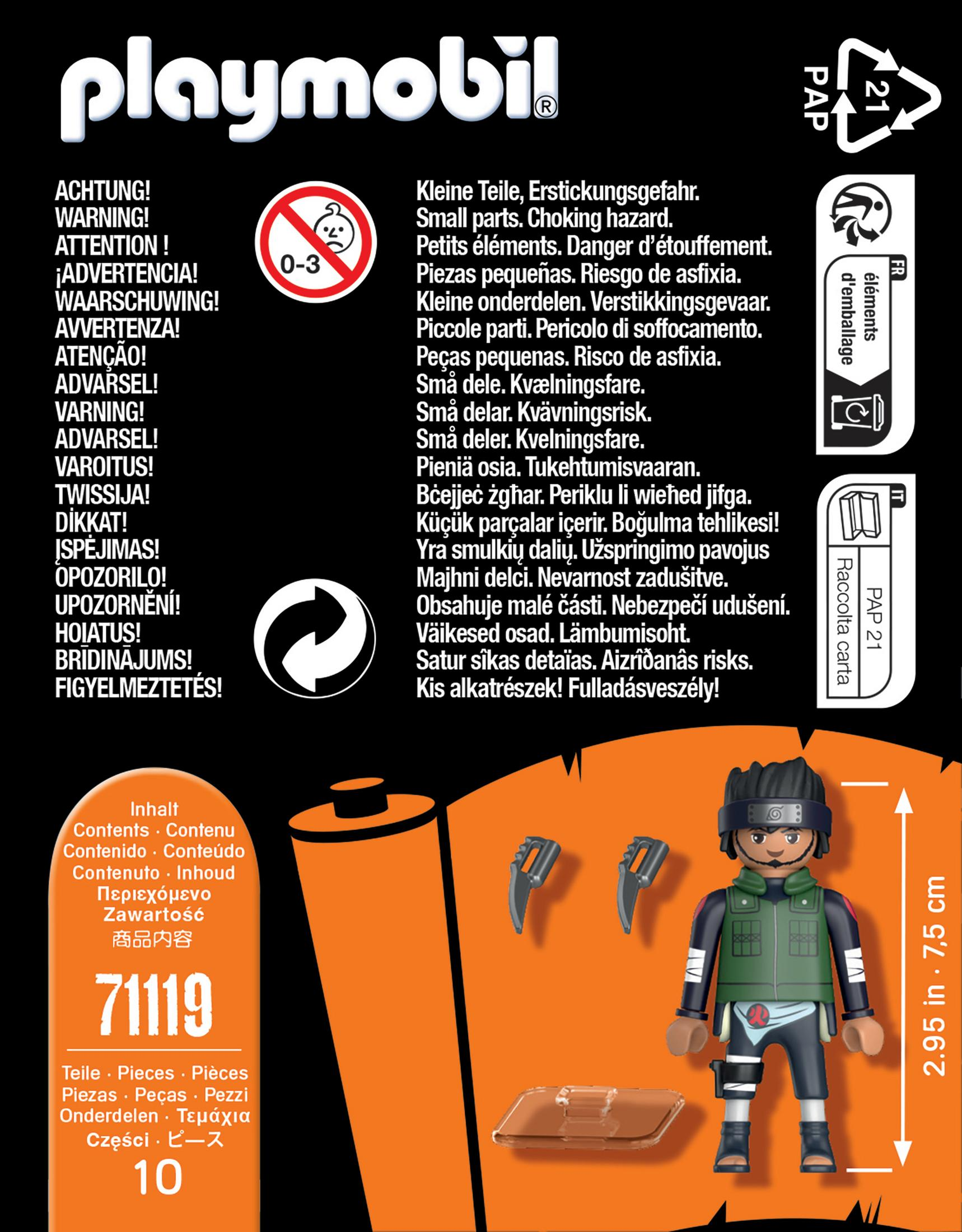 Playmobil-Box mit Text in mehreren Sprachen, eine kleine Figur und Zubehör. Rückseite der Box sichtbar.