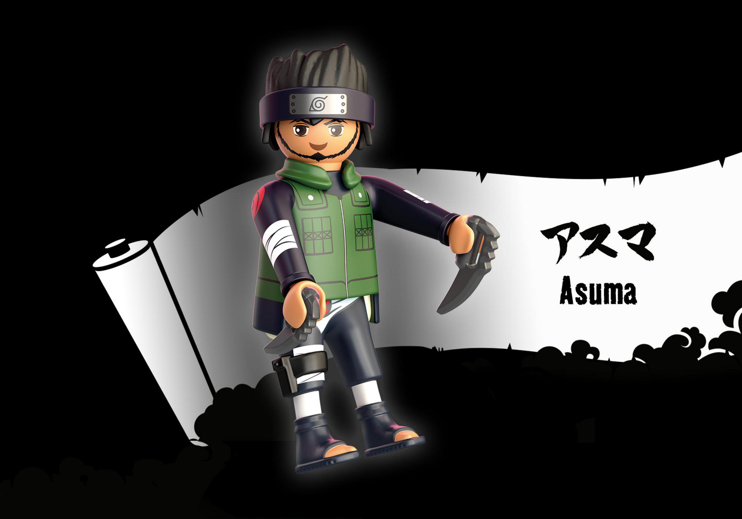 Playmobil Naruto Figur Asuma mit zwei Kunai-Messern, vor einer Schriftrolle und schwarzem Hintergrund.
