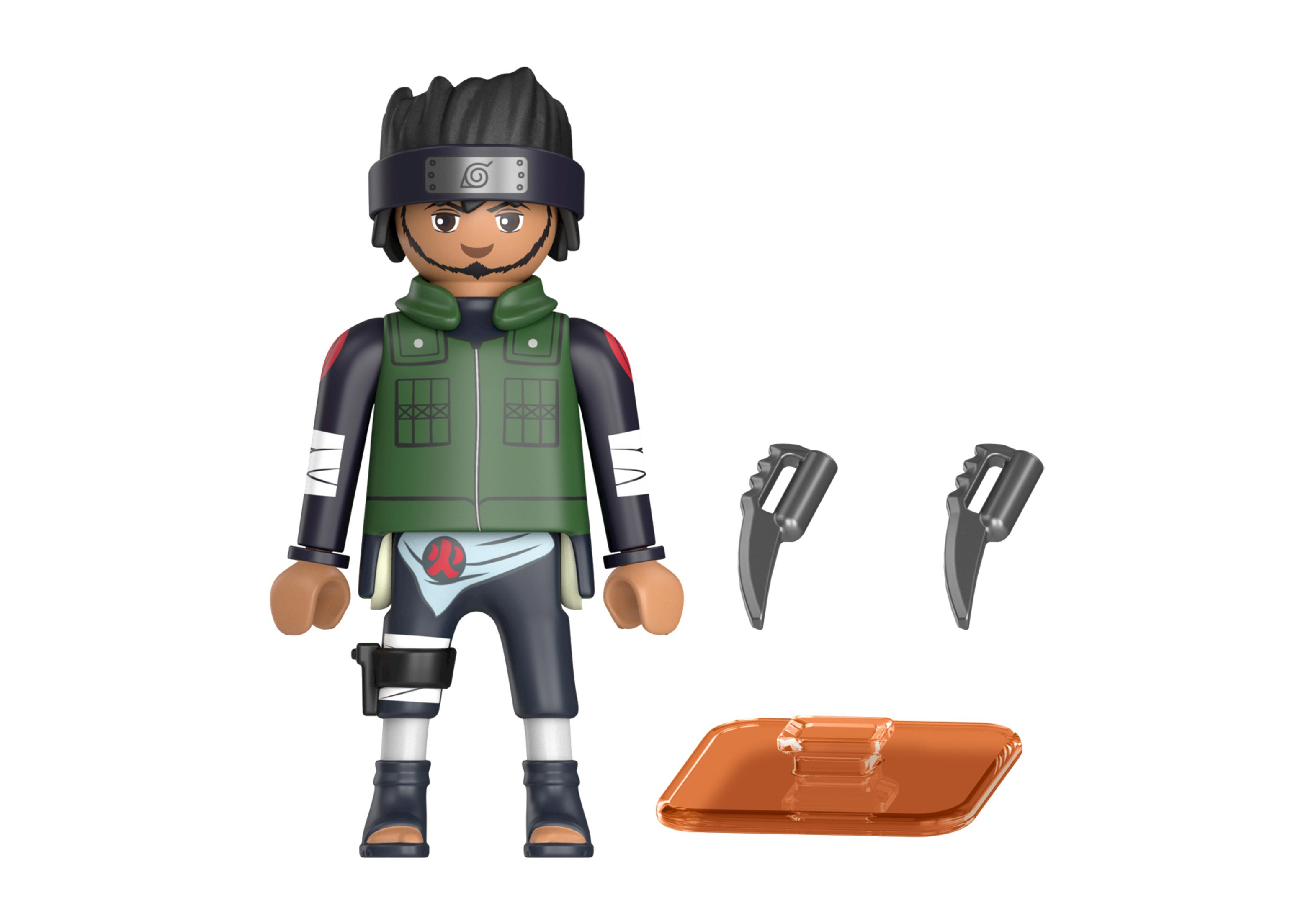 Playmobil-Figur mit schwarzen Haaren, grüner Weste und zwei Messern sowie einem orangefarbenen Ständer.