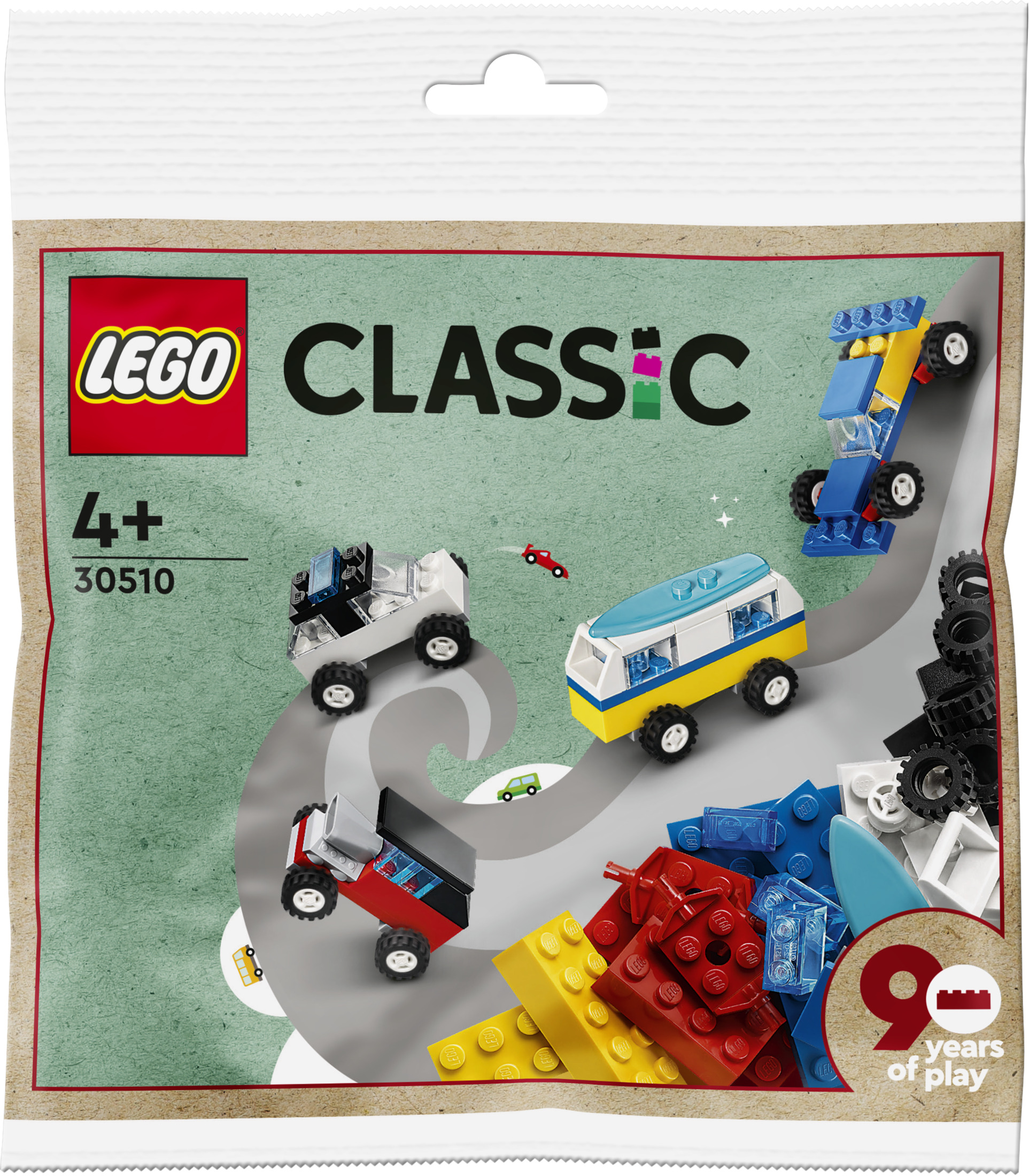 Ein Lego Classic Set mit kleinen Spielzeugautos in einer Tüte.